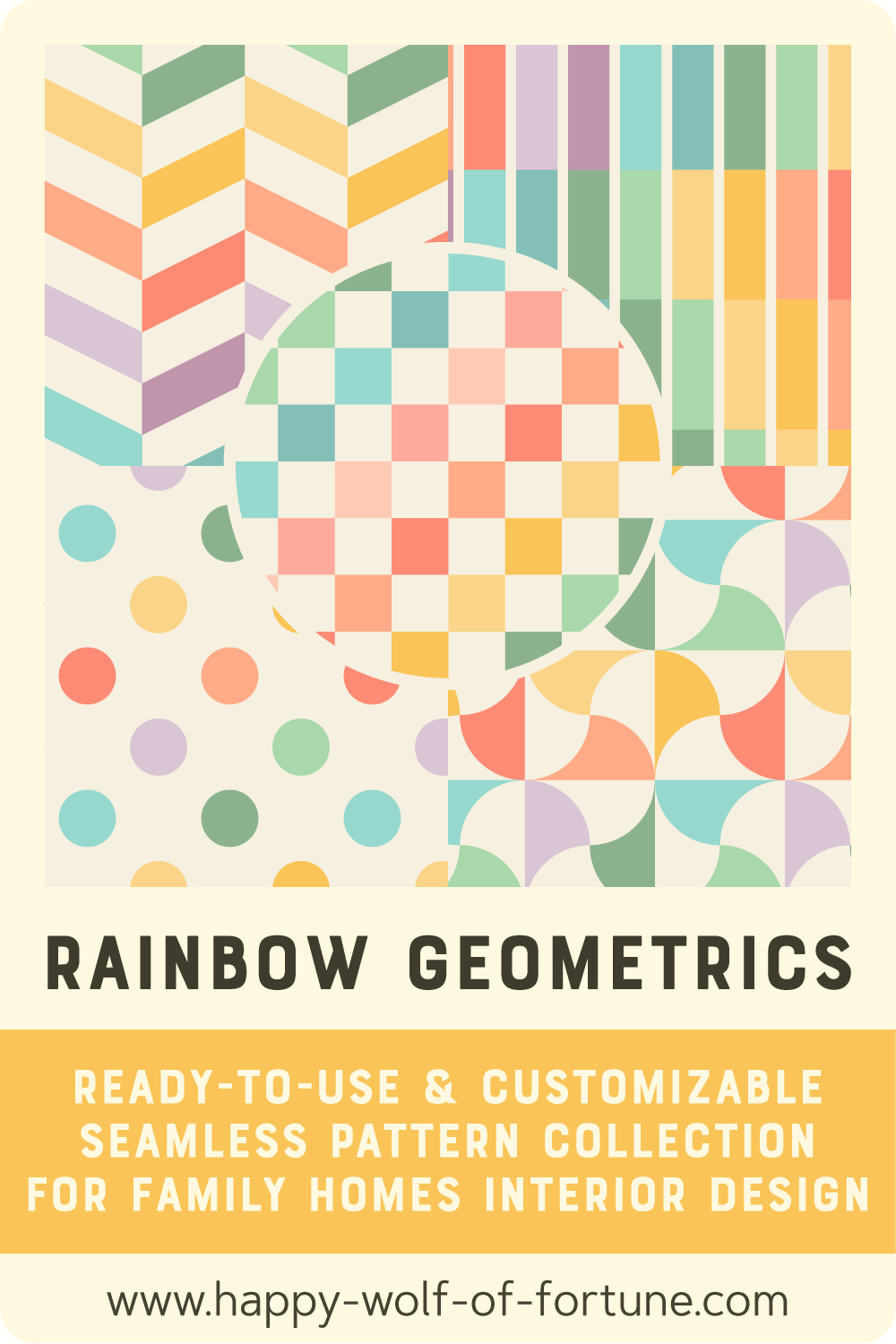 Preview of a ready-to-use and customizable seamless pattern collection for family homes interior design : Kitschy 1950s Rainbow Geometrics