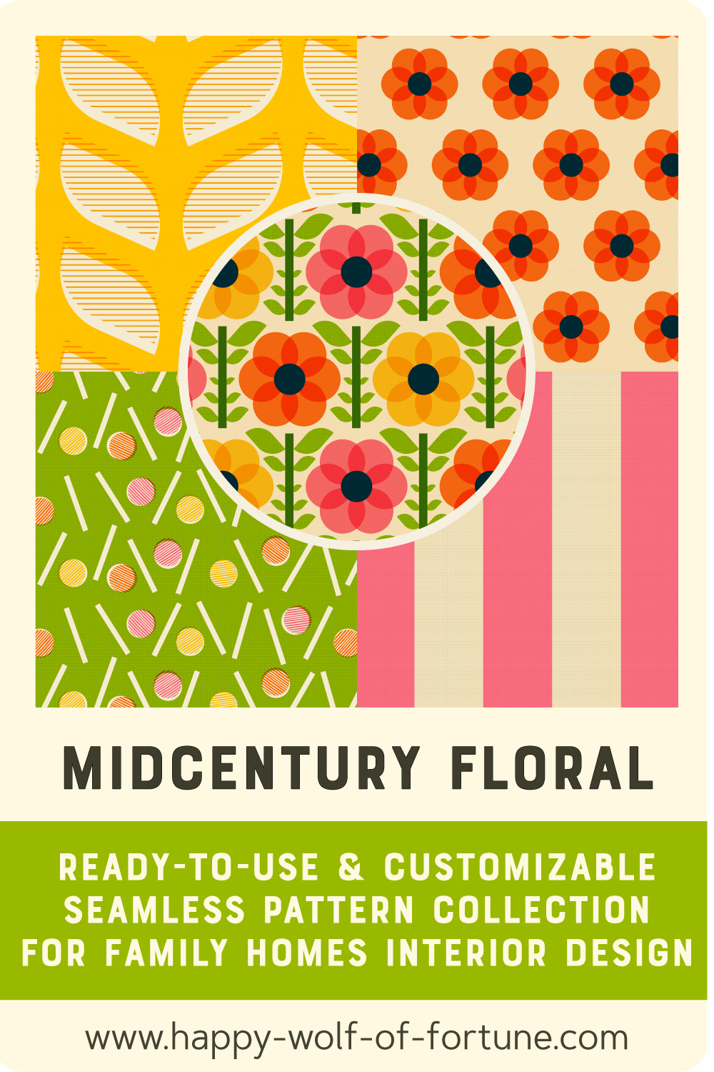 Midcentury-Geometric-Floral---ready-to-use-and-customizable-pattern-collection-for-family-homes-interior-design---midcentury-modern-style Pattern swatch showing 5 patterns from the "Midcentury Geometric Floral" seamless vector pattern collection
