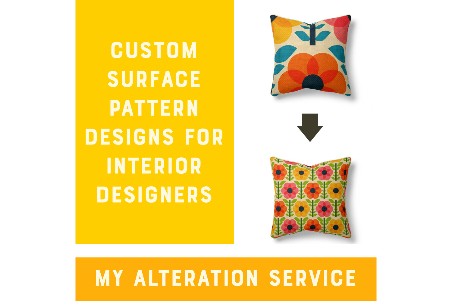 My-alteration-service-for-interior-designers-resize-recolour-rotate Blog post preview showing a pillow with a floral pattern that is far too big for the size of the pillow and one image with the pillow with the resized and recoloured pattern that looks great
