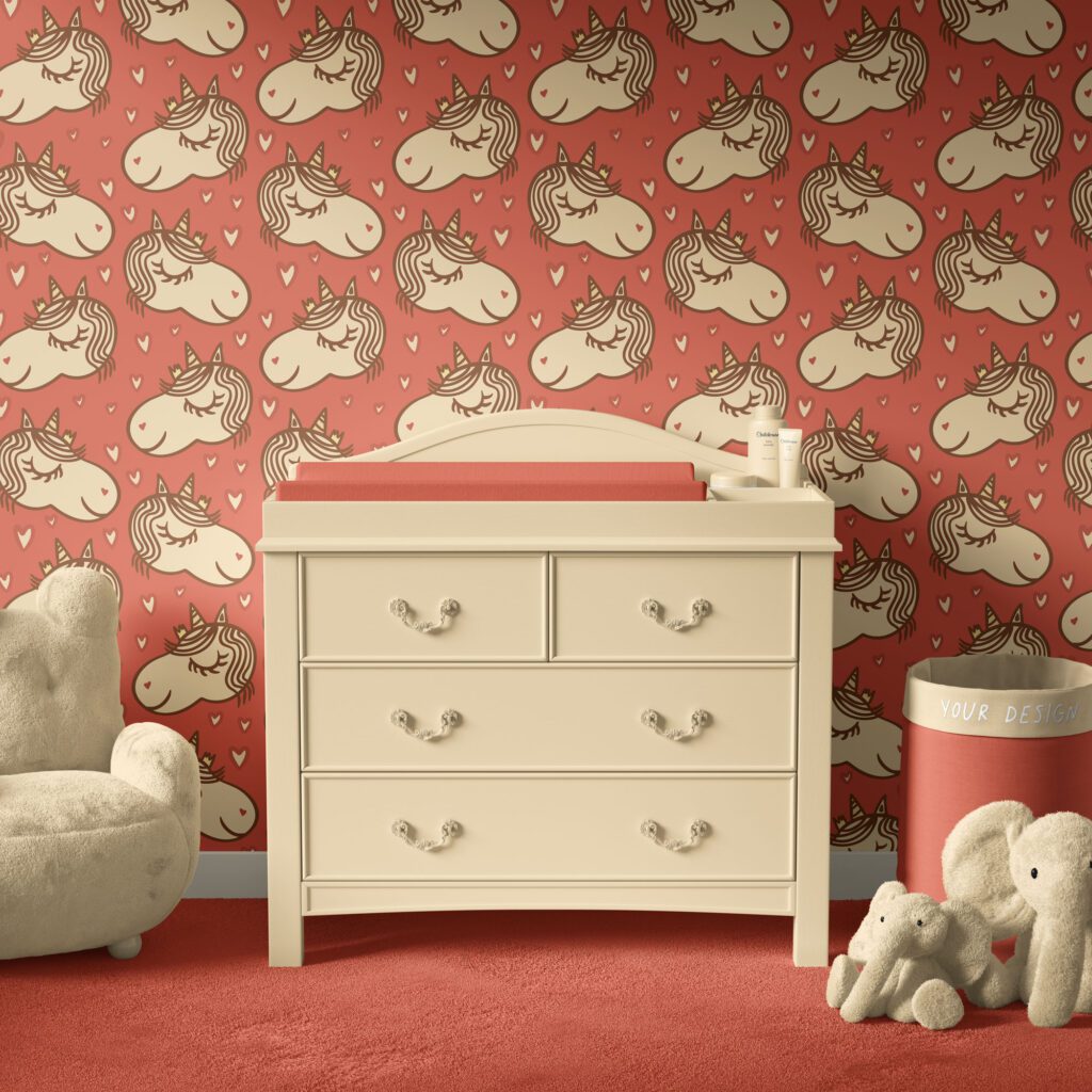 Nursery wallpaper in whimsical style featuring hand-drawn sleeping unicorn heads in terracotta orange, brown, and beige tones, shown behind a cream changing unit with matching terracotta cushions and soft textured animal plush toys on a terracotta carpet.