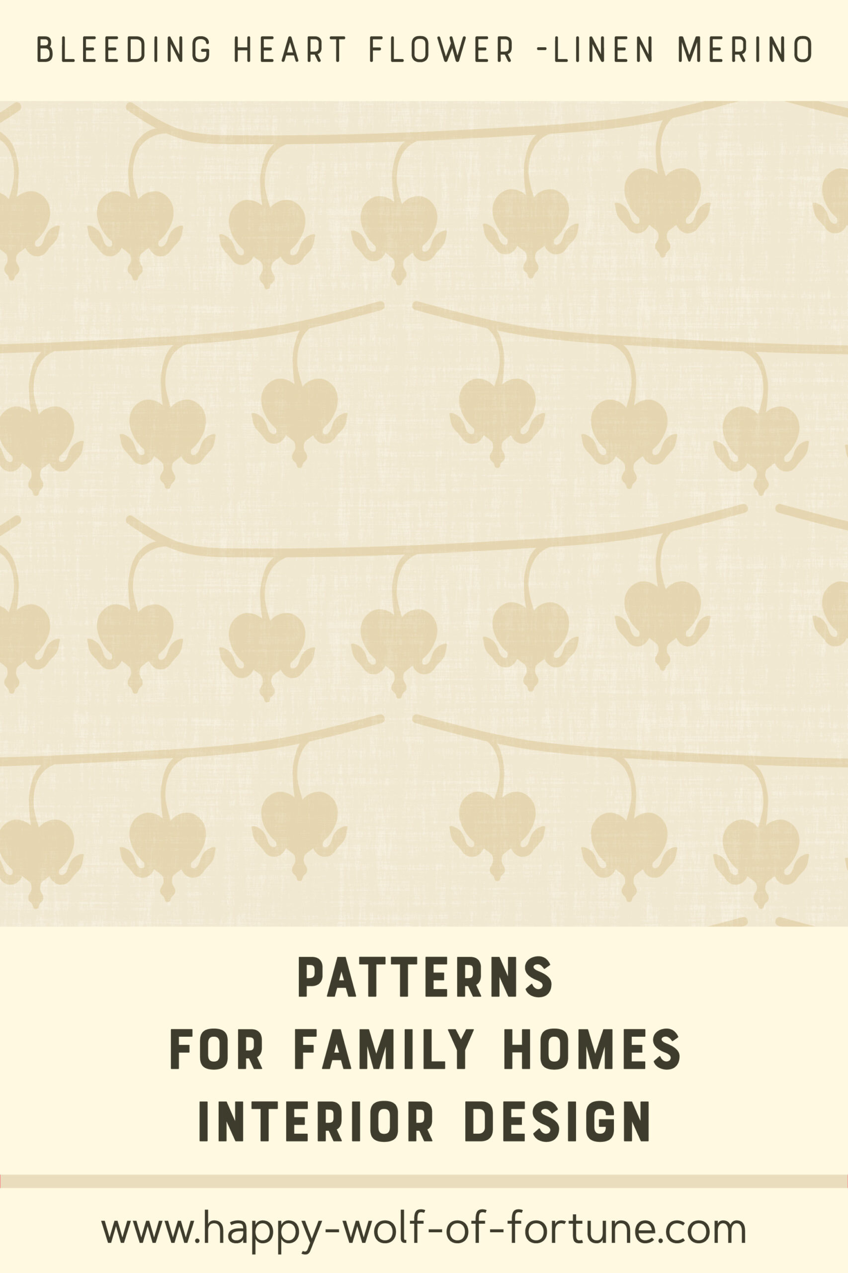 Swatch with seamless pattern for family homes interior design showing hand drawn flax beige bleeding heart flowers on branches on a linen textured merino beige background.