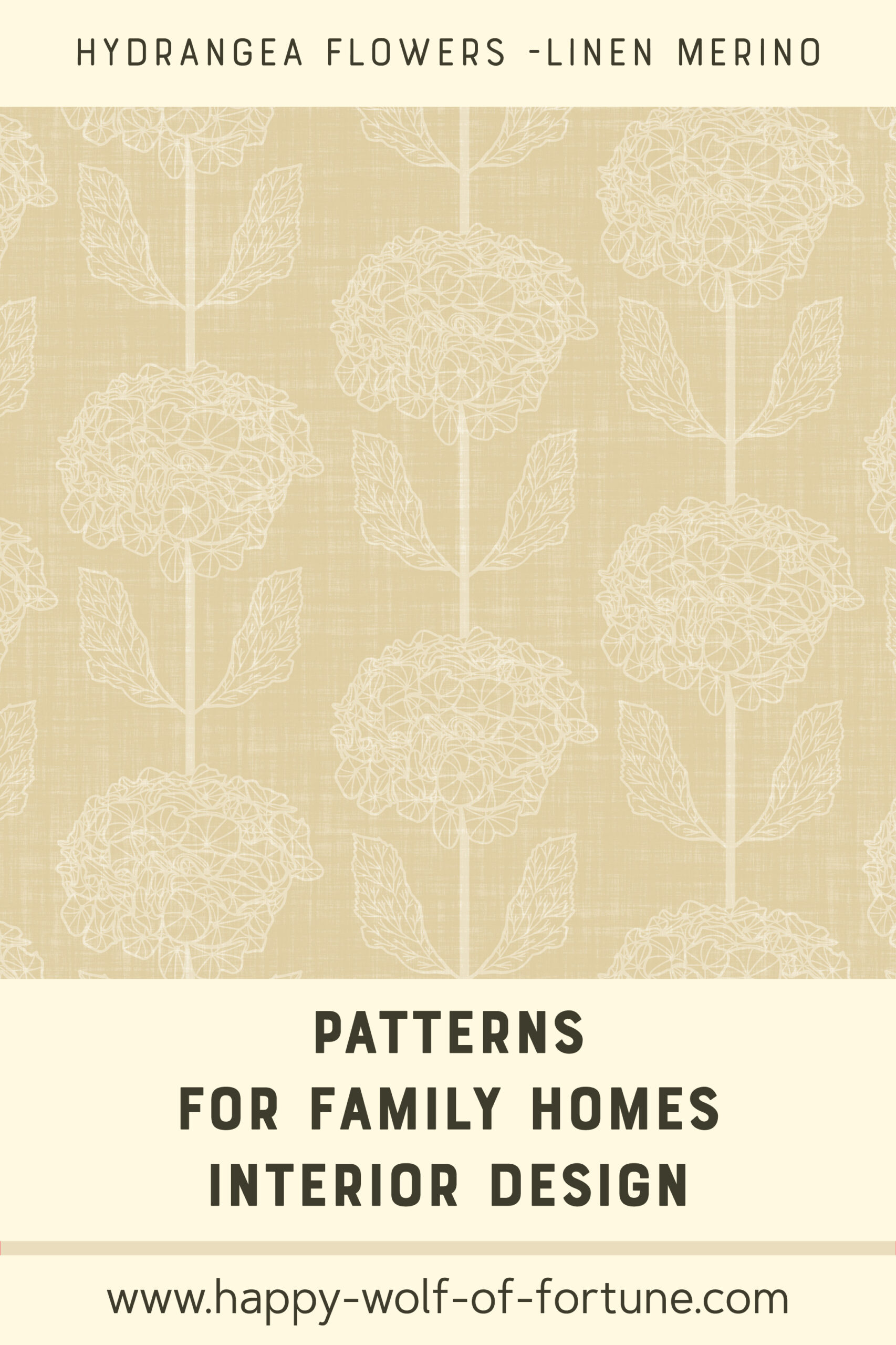 Swatch with seamless pattern for family homes interior design showing hand drawn flax beige hydrangea flowers on a linen textured merino beige background.