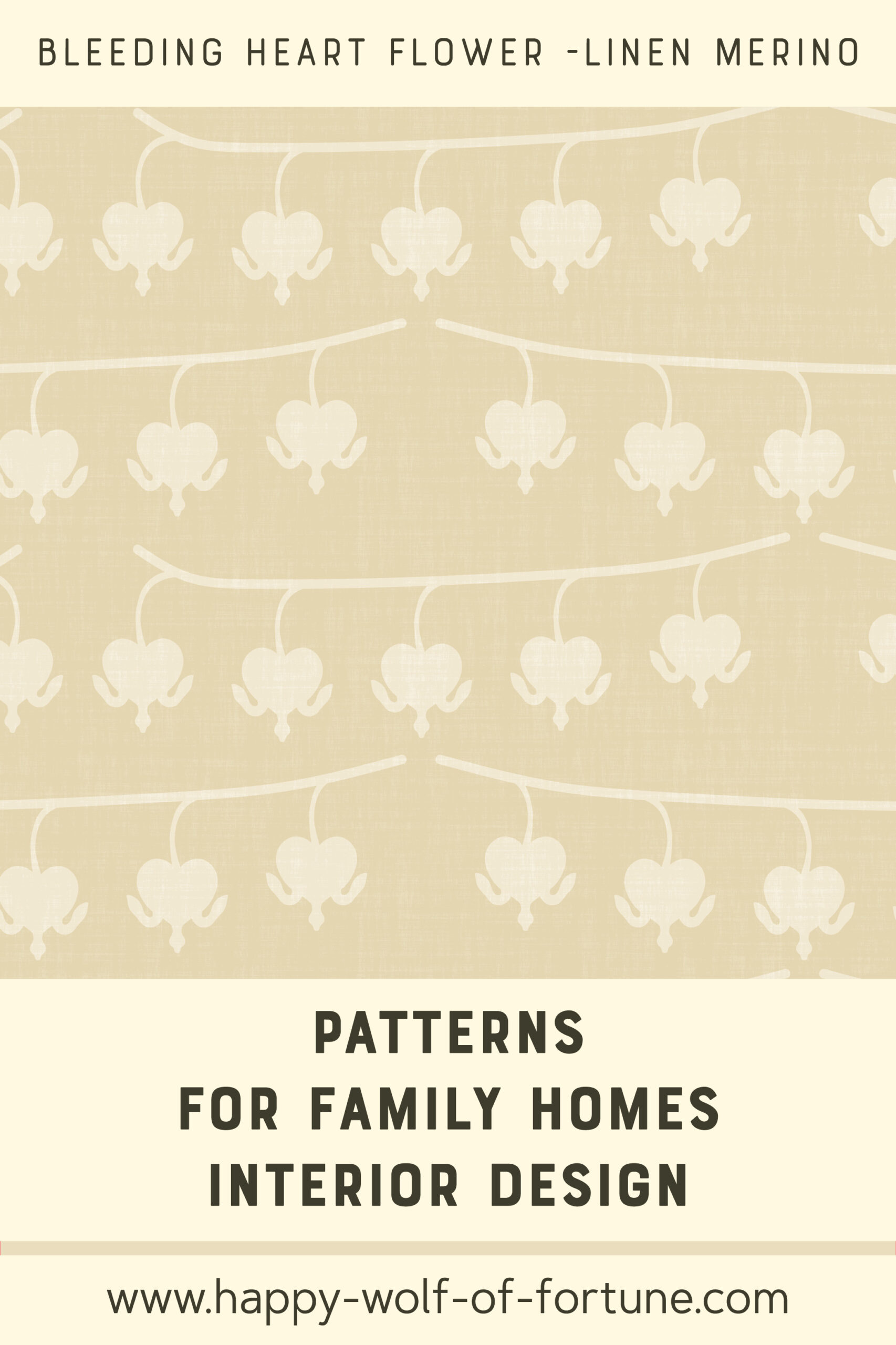 Swatch with seamless pattern for family homes interior design showing hand drawn merino beige bleeding heart flowers on branches on a linen textured flax beige background.