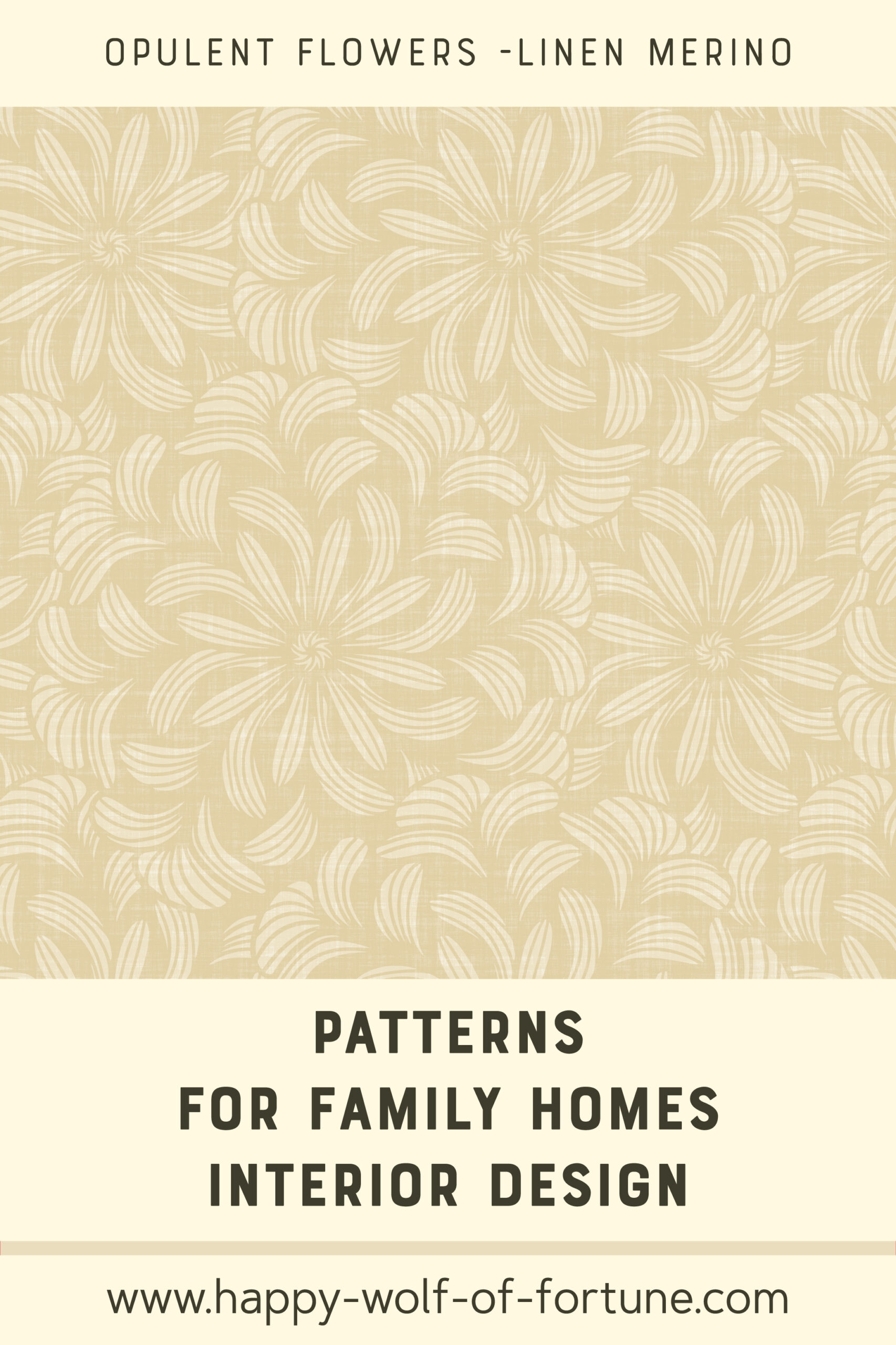 Swatch with seamless pattern for family homes interior design showing hand drawn opulent dynamic merino beige abstract florals on a textured ecru flax linen textured beige.