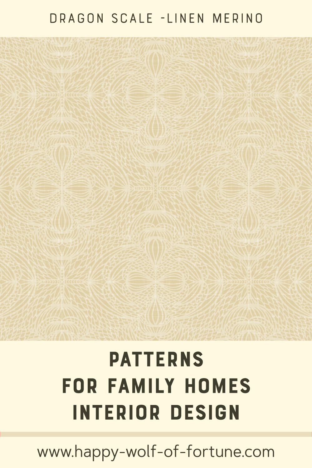 Swatch with seamless pattern for family homes interior design showing hand drawn fluent geometric symmetrical merino beige dragon scale lines in ogee shapes on a linen textured flax beige background.