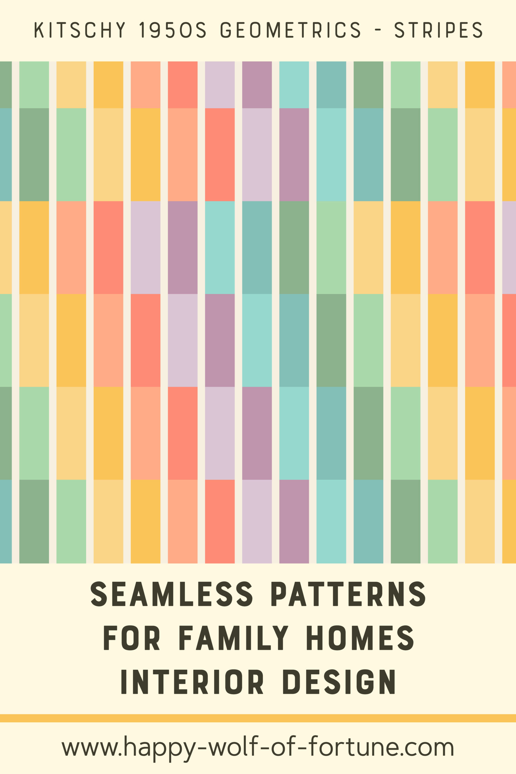 Swatch with seamless pattern for family homes interior design showing a kitschy 1950s pastel rainbow coloured vertical broken striped pattern
