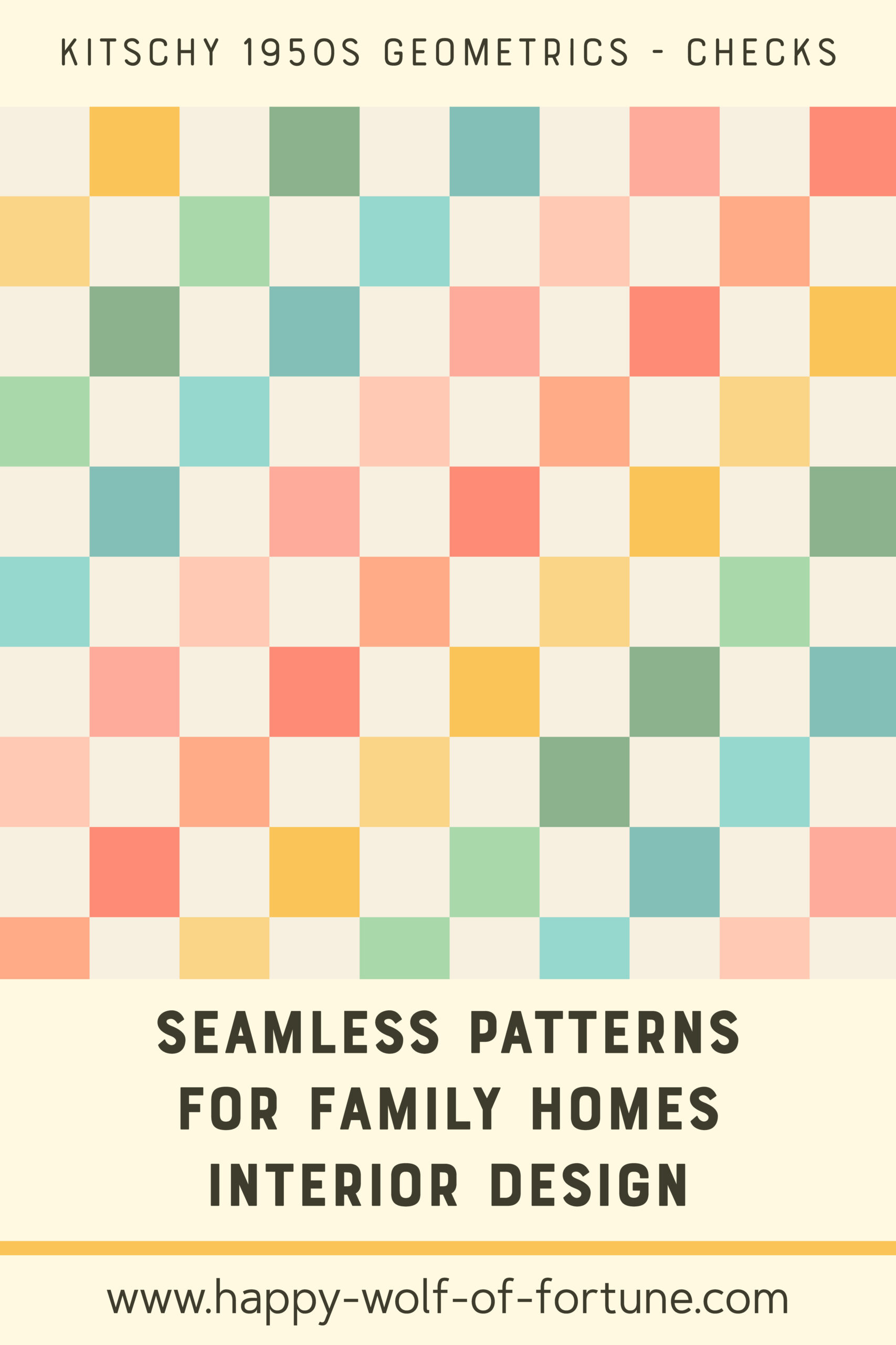 Swatch with seamless pattern for family homes interior design showing a kitschy 1950s pastel rainbow coloured checkerboard pattern