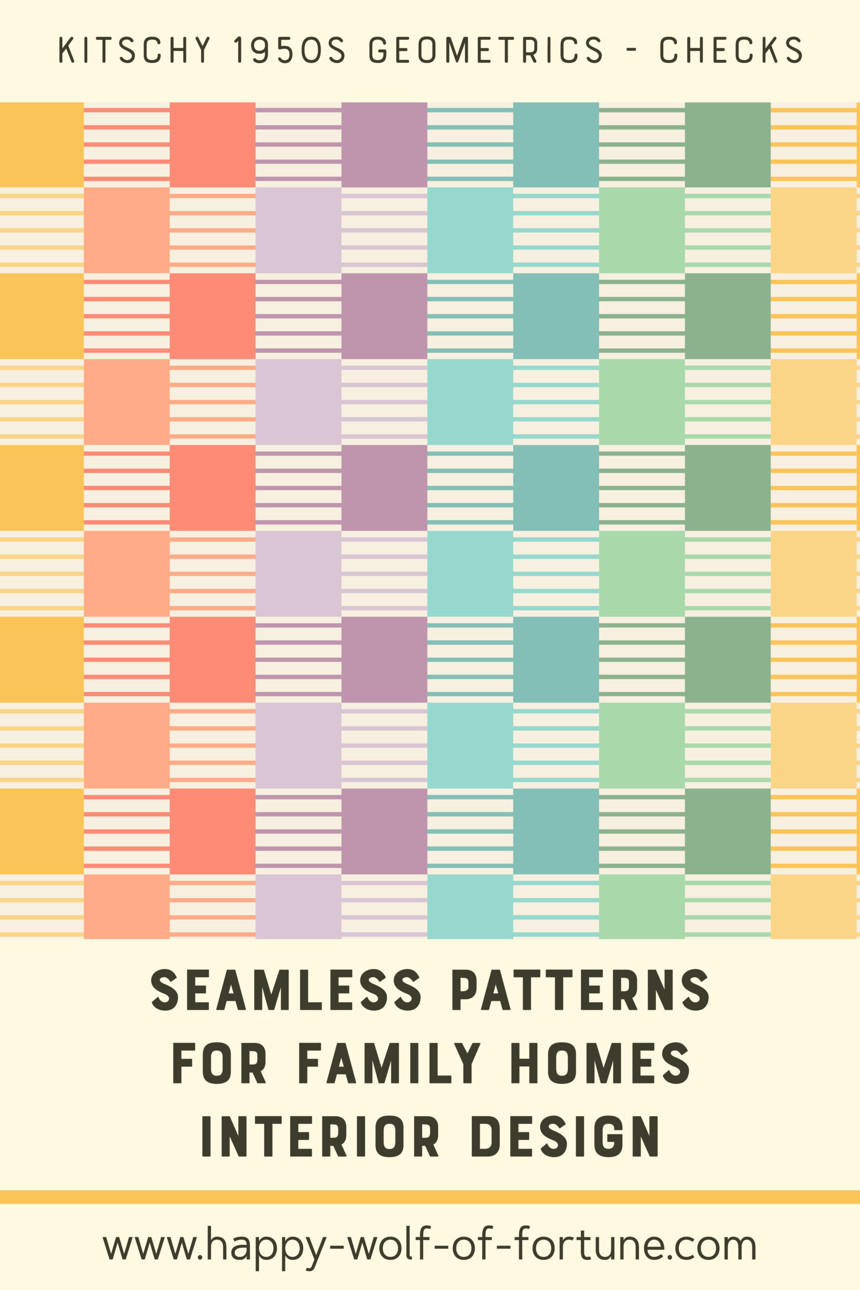 Swatch with seamless pattern for family homes interior design showing a kitschy 1950s pastel rainbow coloured checkerboard pattern with additional horziontal stripes