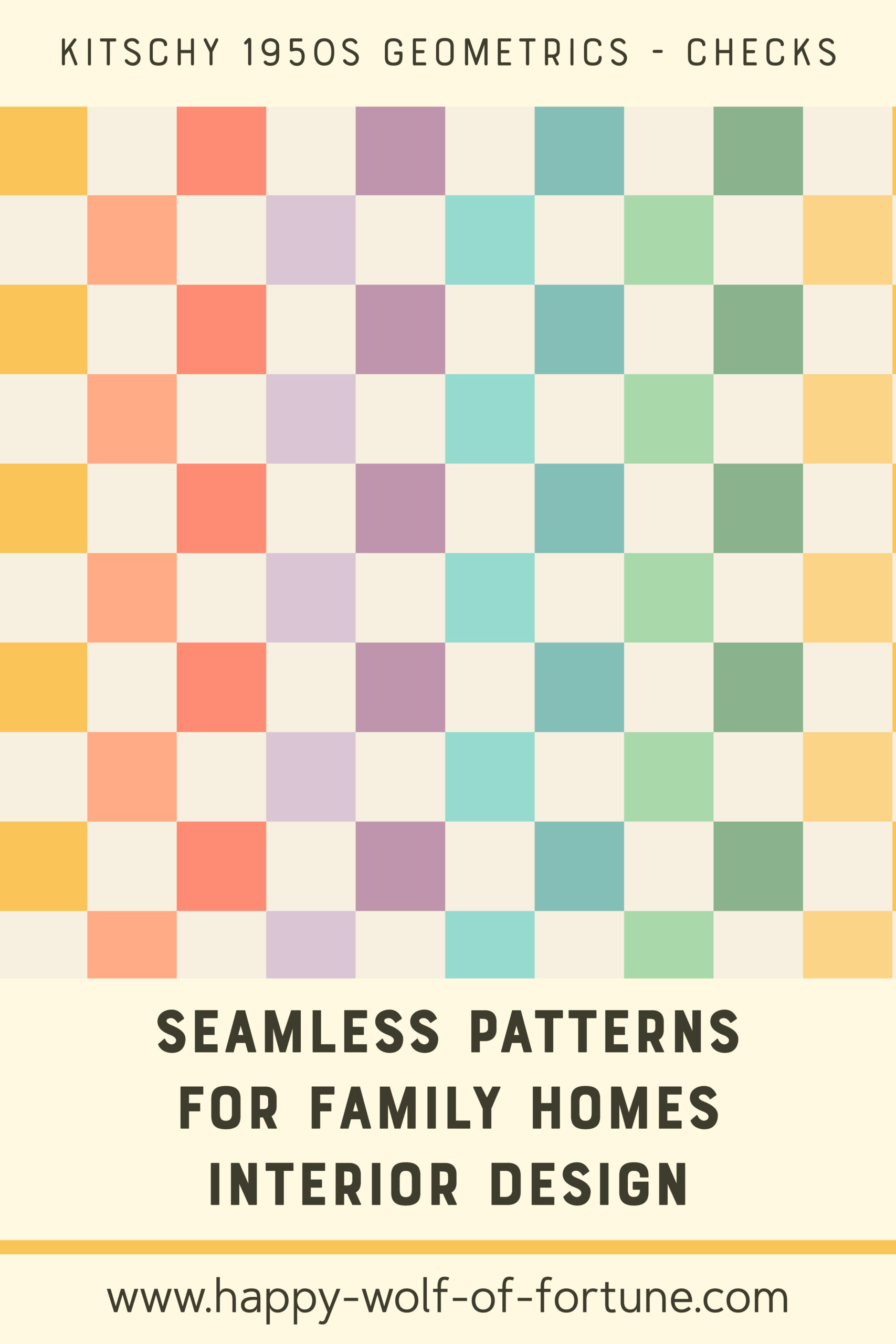 Swatch with seamless pattern for family homes interior design showing a kitschy 1950s pastel rainbow coloured checkerboard pattern