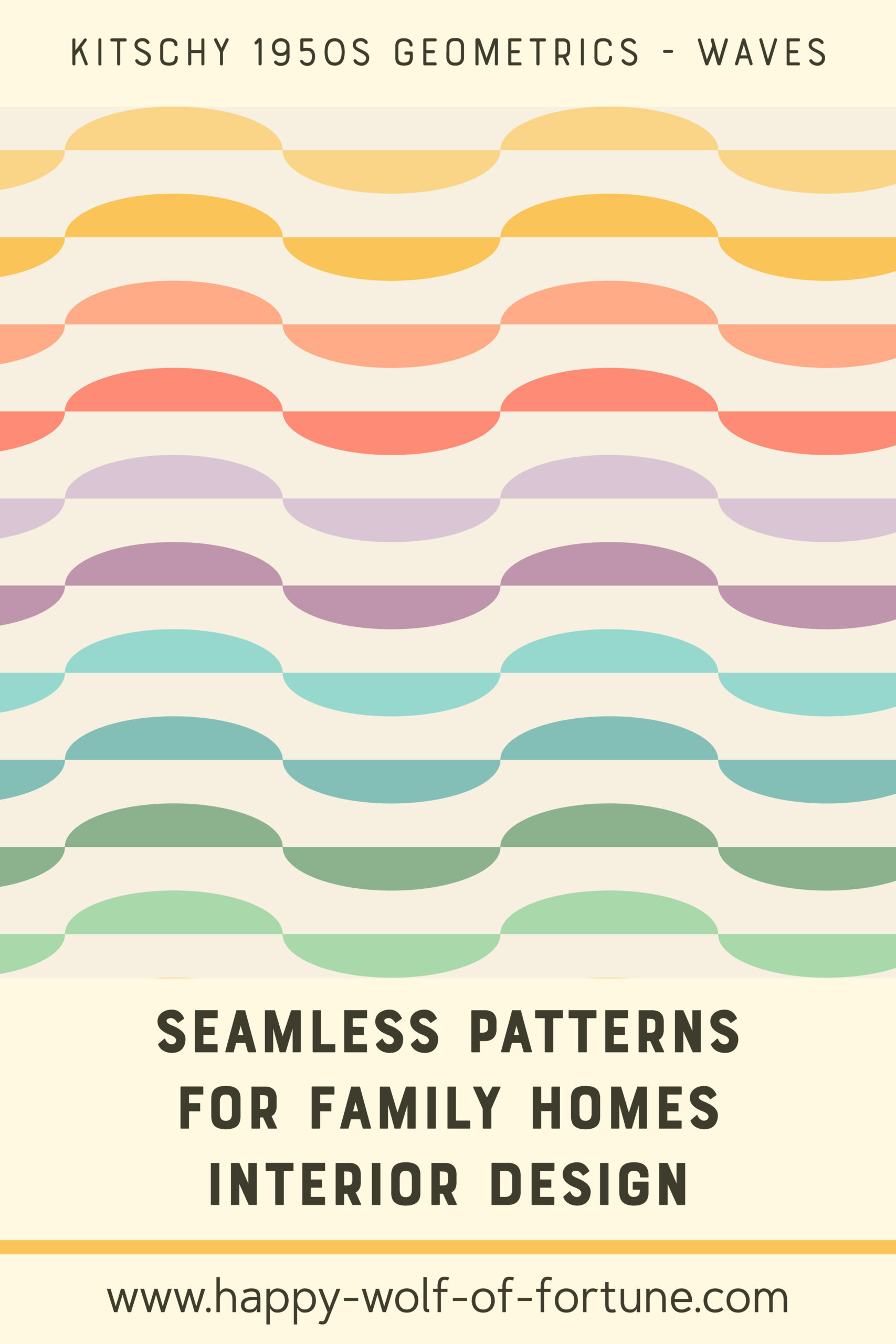 Swatch with seamless pattern for family homes interior design showing a kitschy 1950s pastel rainbow coloured halved ellipses pattern