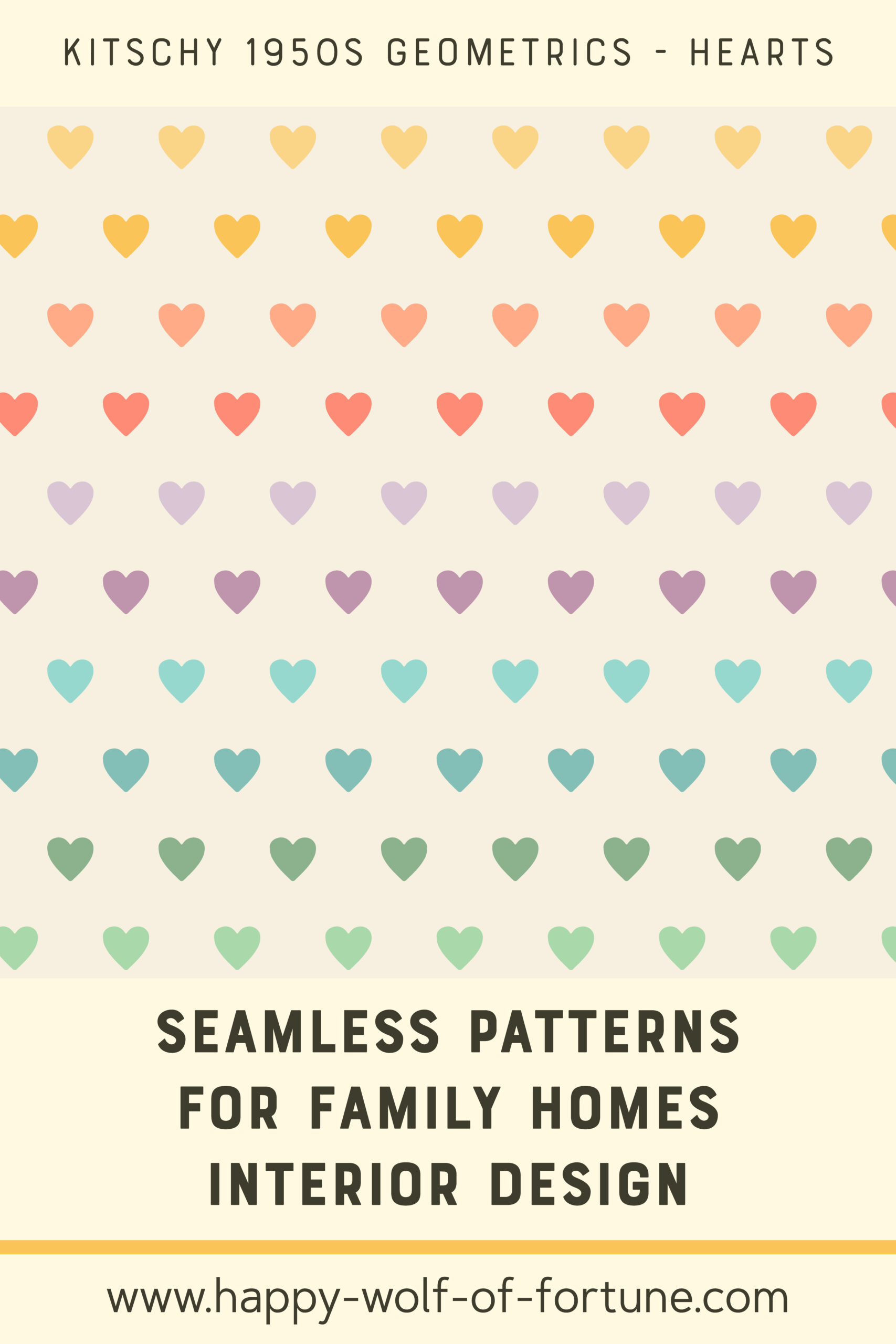 Swatch with seamless pattern for family homes interior design showing a kitschy 1950s pastel rainbow coloured geometric hearts pattern