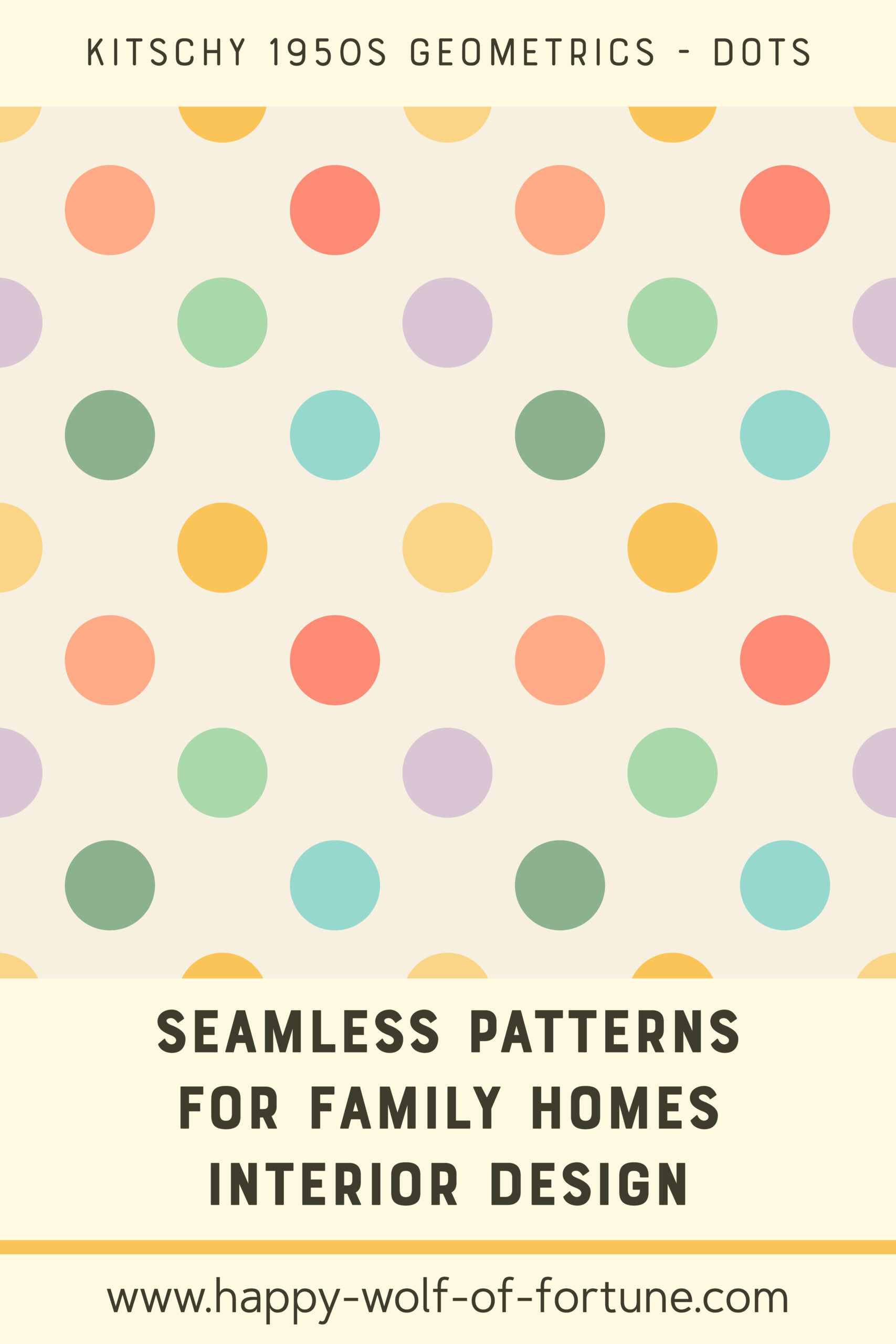 Swatch with seamless pattern for family homes interior design showing a kitschy 1950s pastel rainbow coloured polka dot pattern