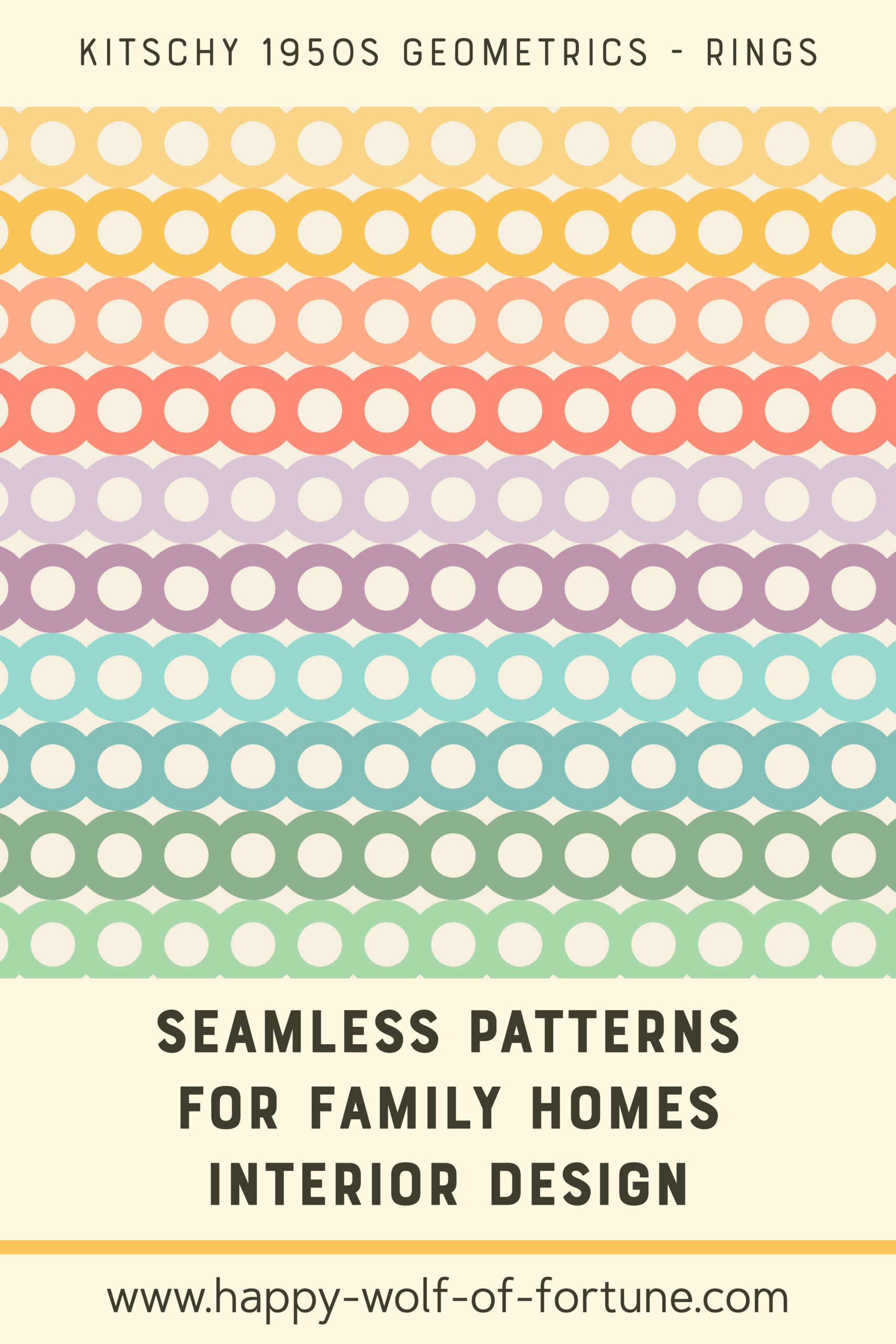 Swatch with seamless pattern for family homes interior design showing a kitschy 1950s pastel rainbow coloured ring pattern