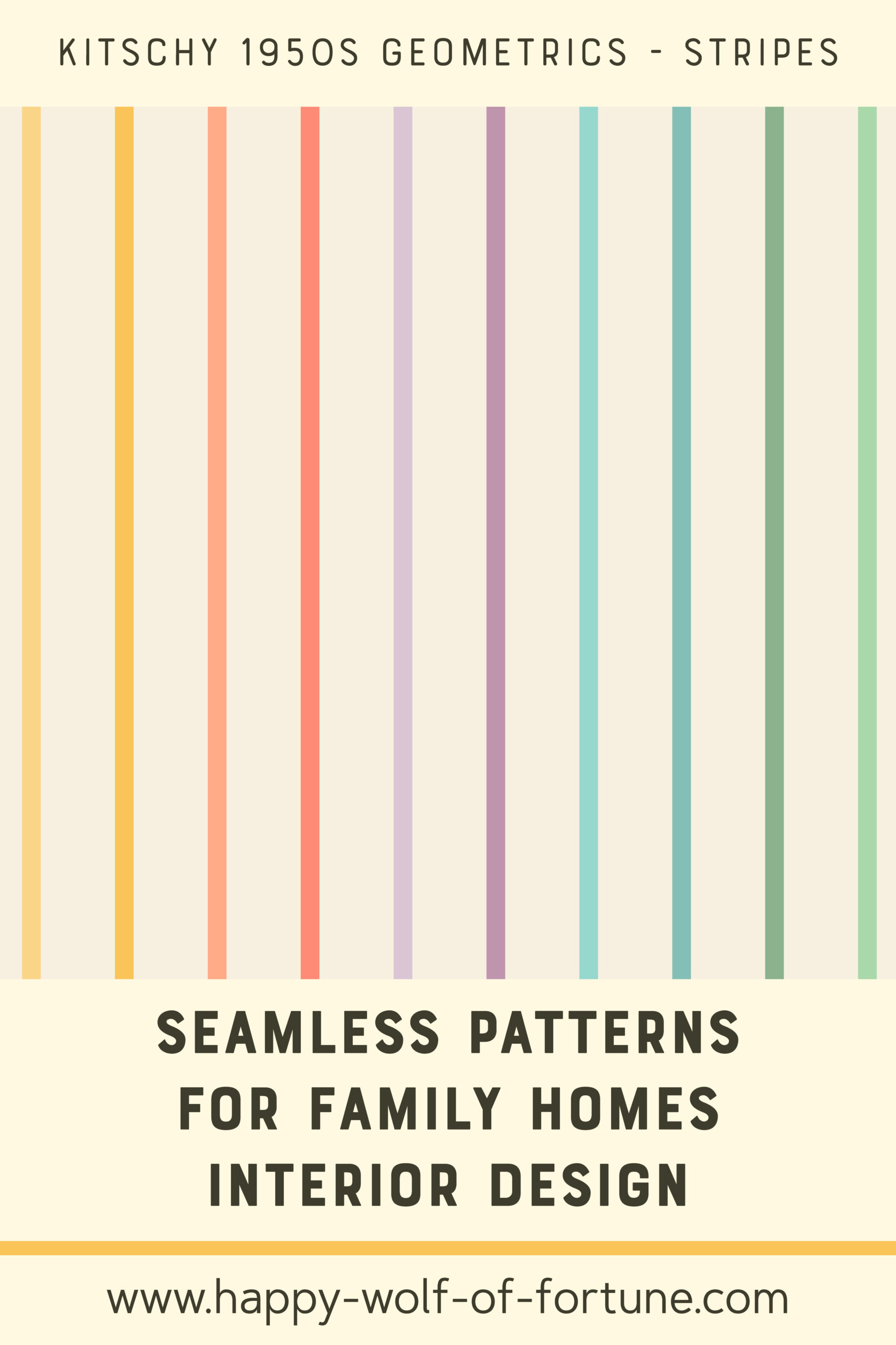 Swatch with seamless pattern for family homes interior design showing a kitschy 1950s pastel rainbow coloured thin vertical stripes pattern
