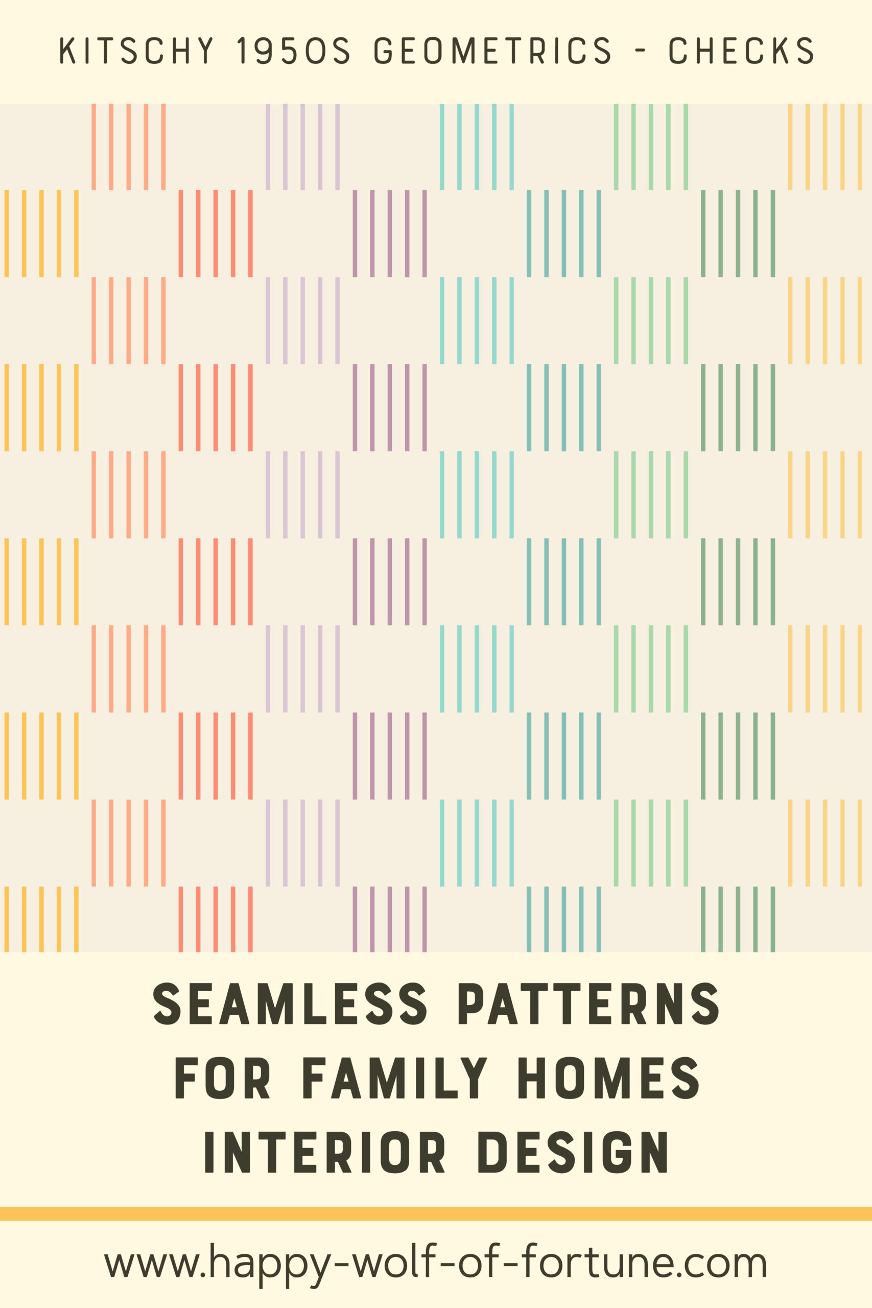Swatch with seamless pattern for family homes interior design showing a kitschy 1950s pastel rainbow coloured pattern with thin vertical stripes creating a checkerboard
