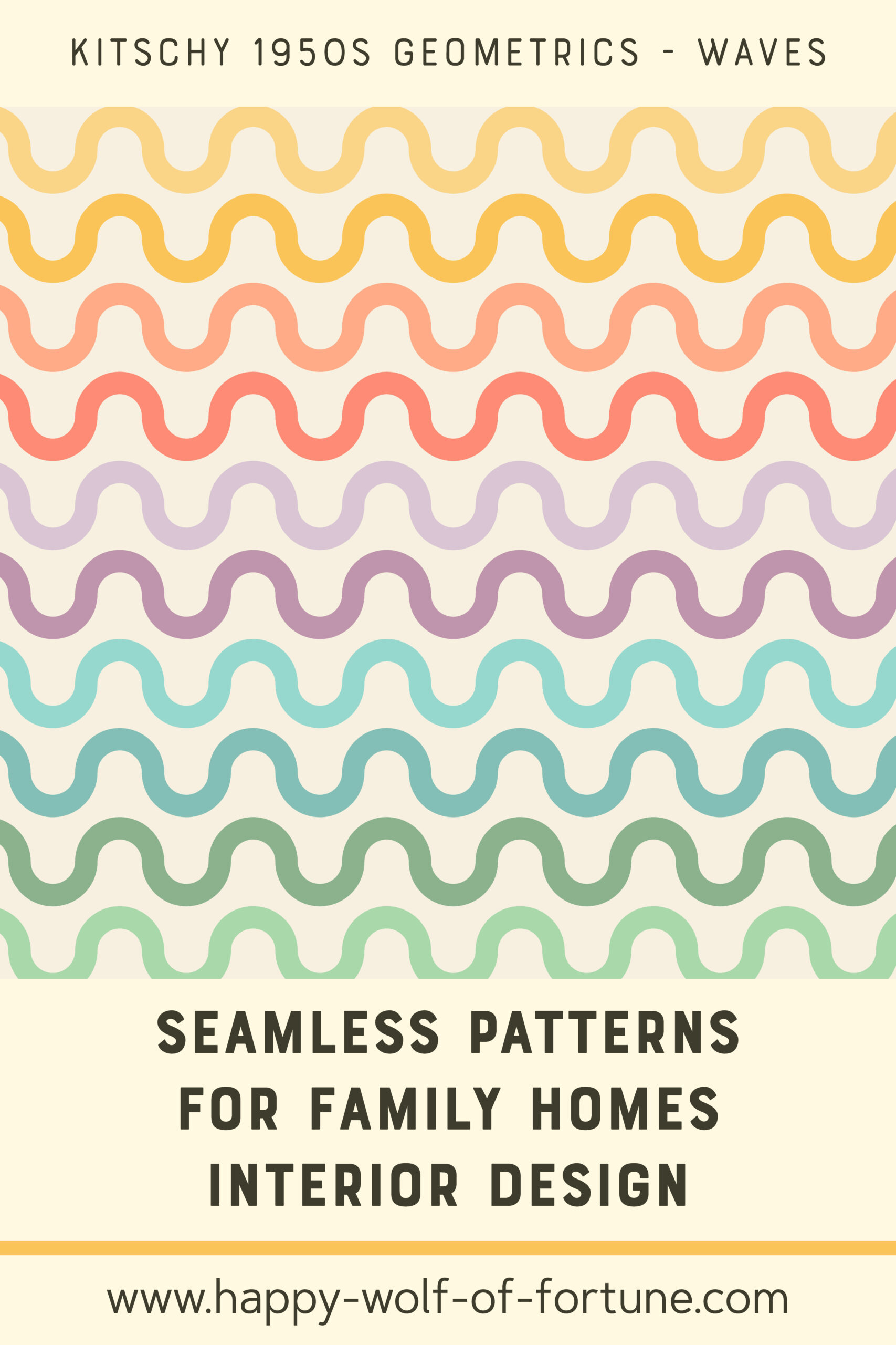 Swatch with seamless pattern for family homes interior design showing a kitschy 1950s pastel rainbow coloured pattern with geometric waves