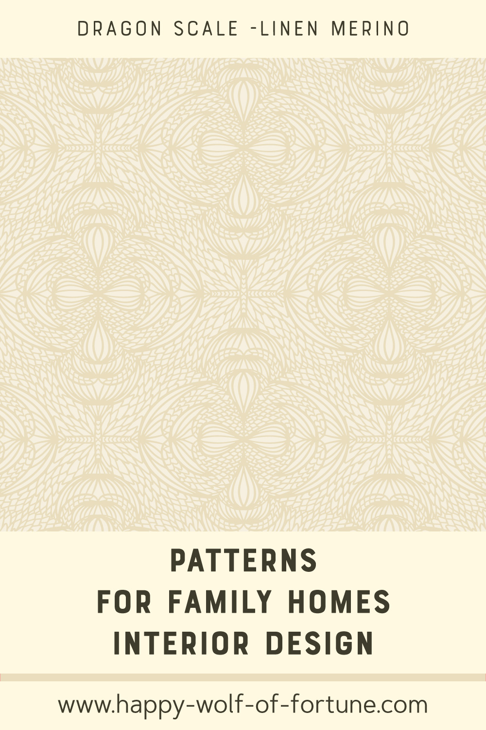 Swatch with seamless pattern for family homes interior design showing hand drawn fluent geometric symmetrical merino beige dragon scale lines in ogee shapes on a flax beige background.