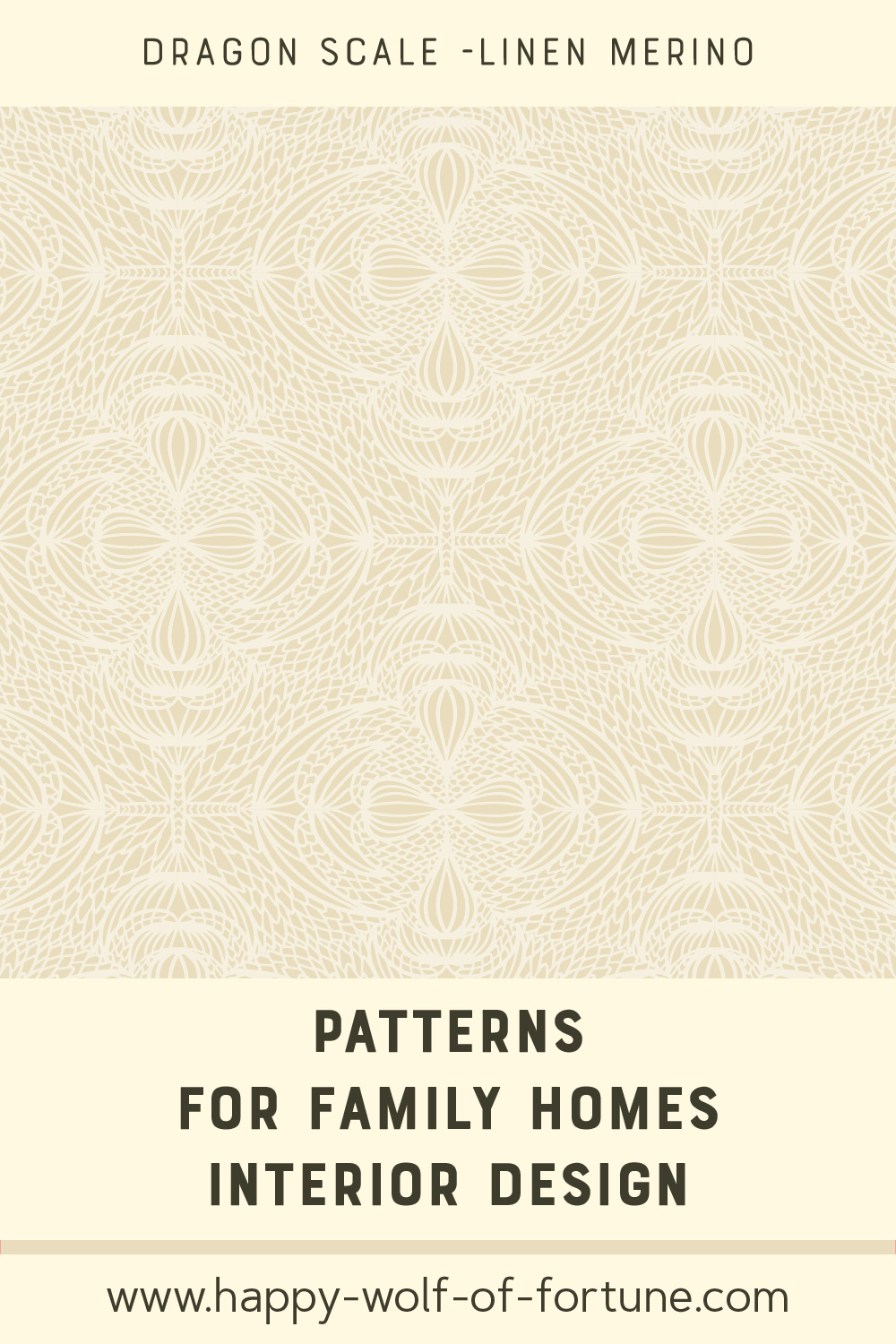 Swatch with seamless pattern for family homes interior design showing hand drawn fluent geometric symmetrical merino beige dragon scale lines in ogee shapes on a flax beige background.