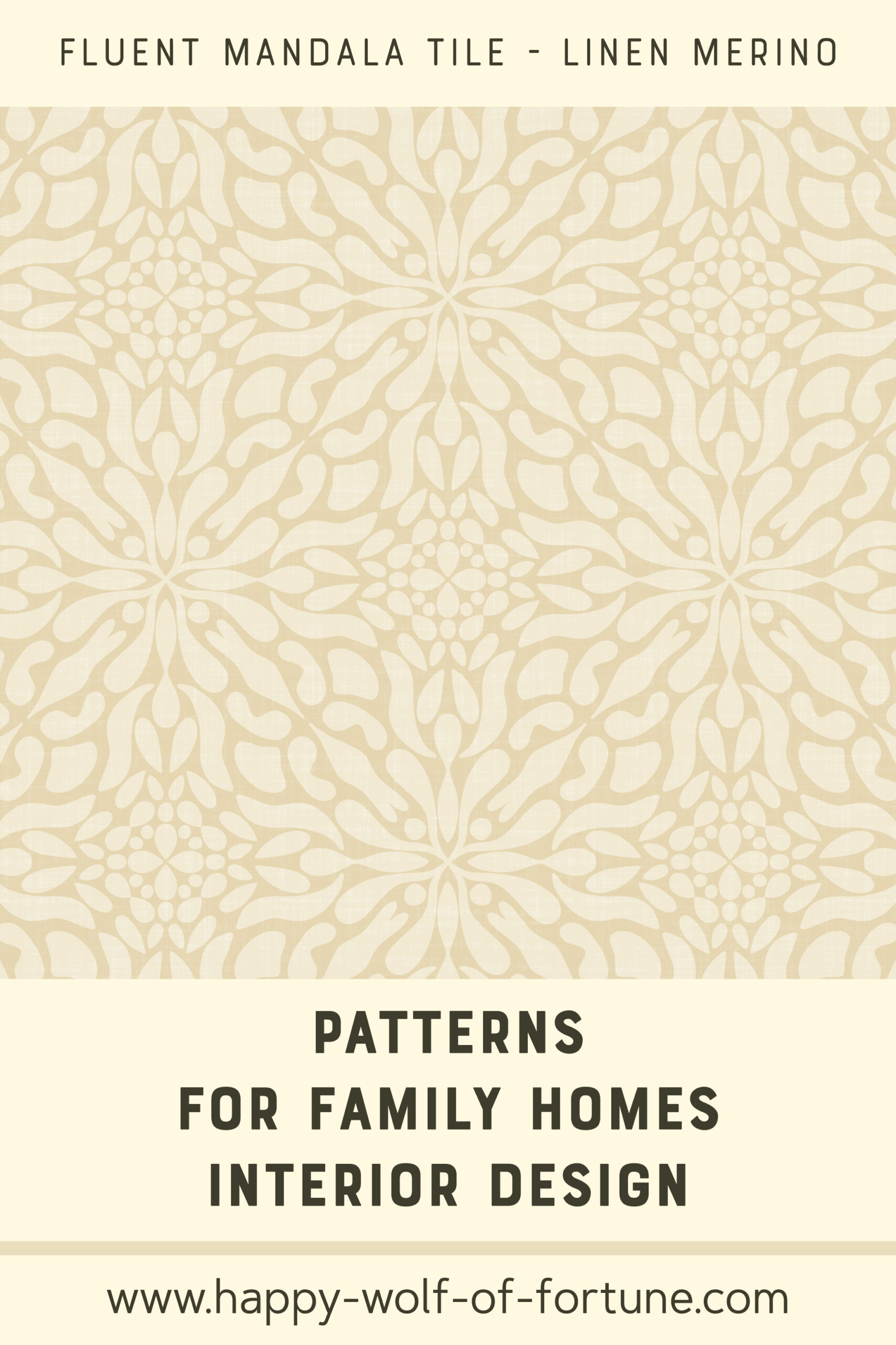 Swatch with seamless pattern for family homes interior design showing  a hand drawn flax beige abstract fluent merino beige mandala on a linen textured flax beige background.