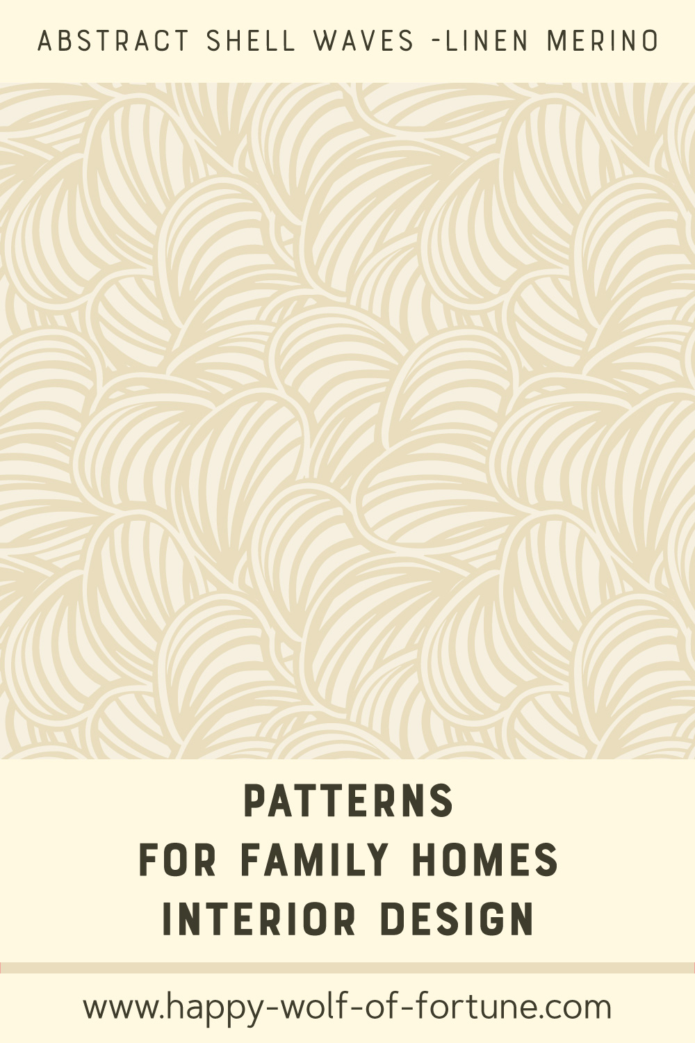 Swatch with seamless pattern for family homes interior design showing hand drawn flax beige abstract fluen shell lines on a merino beige background.