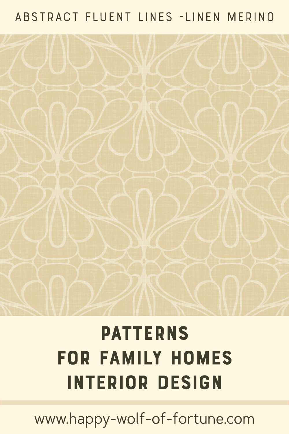 Swatch with seamless pattern for family homes interior design showing hand drawn fluent geometric symmetrical merino beige lines on a linen textured flax<br />
beige background.