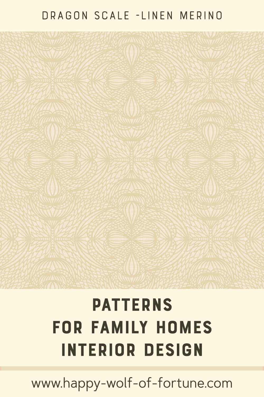 Swatch with seamless pattern for family homes interior design showing hand drawn fluent geometric symmetrical flax beige dragon scale lines in ogee shapes on a linen textured merino beige background.