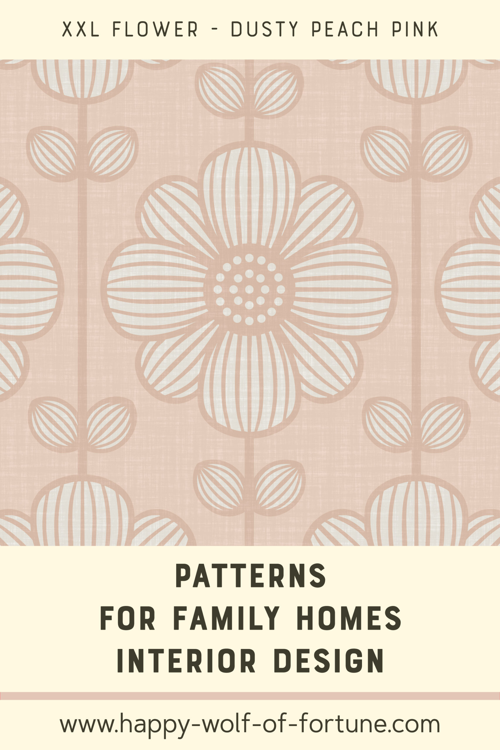 Pattern Swatches - XXL marguerite flowers - dusty peach pink cloud grey white - Wallpaper for family homes interior design-02 Swatch with seamless pattern for family homes interior design showing linen textured hand drawn XXL dark peach pink & cloud grey white marguerite flowers on dusty peach pink.