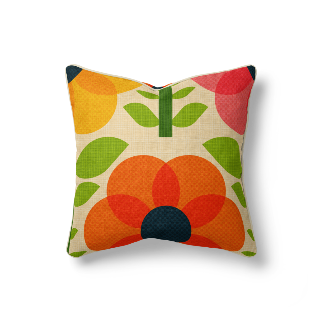 Pillow with an geometric floral pattern that is too big for the pillow size