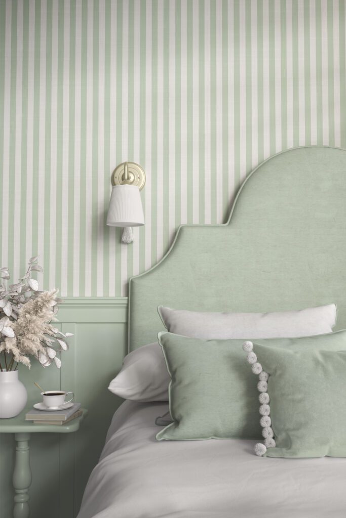 Soft pastel aqua green & cloud grey white peel and stick wallpaper with vertical stripes in a modern bedroom, featuring a plush headboard and cozy decor.