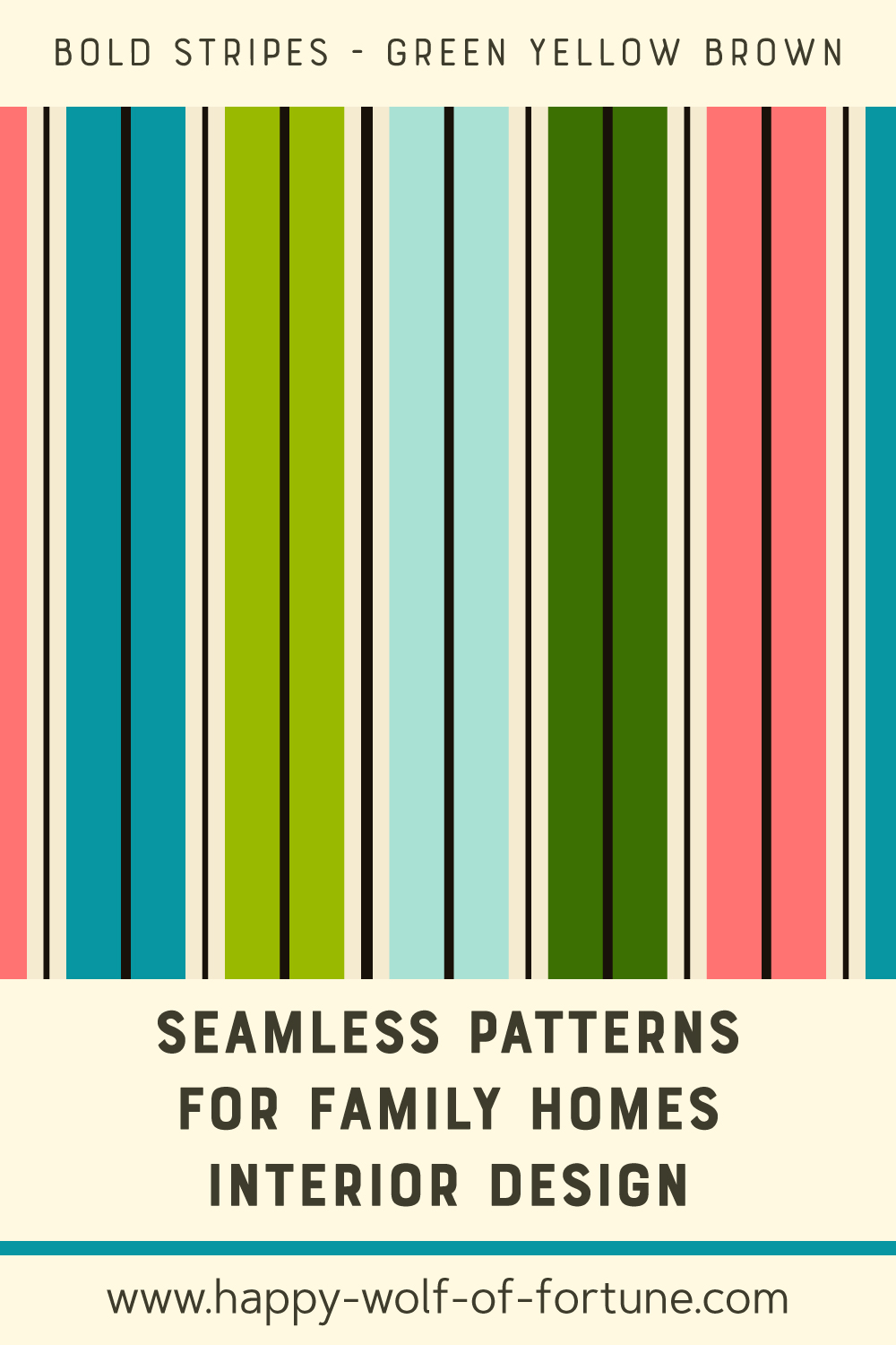 Seamless-patterns-for-family-homes-interior-design---pattern-swatch---Joyful-Jungle---Bold-Stripes---green-blue-pink Swatch with seamless pattern for family homes interior design showing thin vertical stripes in grey and bold stripes in soft blue, vintage blue, dark jungle green, yellowish green and warm pink