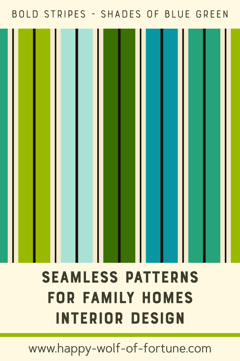 Seamless-patterns-for-family-homes-interior-design---pattern-swatch---Joyful-Jungle---Bold-Stripes---shades-of-blue-green Swatch with seamless pattern for family homes interior design showing thin vertical stripes in grey and bold stripes in light soft blue, grass green, yellowish green