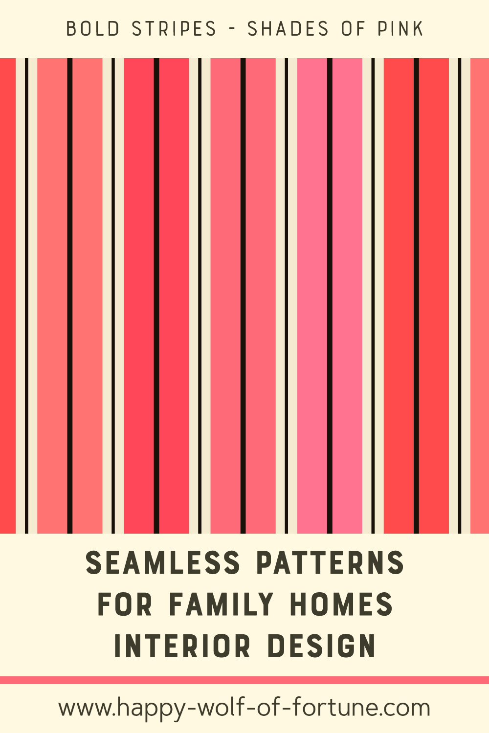 Seamless-patterns-for-family-homes-interior-design---pattern-swatch---Joyful-Jungle---Bold-Stripes---shades-of-pink Swatch with seamless pattern for family homes interior design showing thin vertical stripes in grey and bold stripes in shades of pink