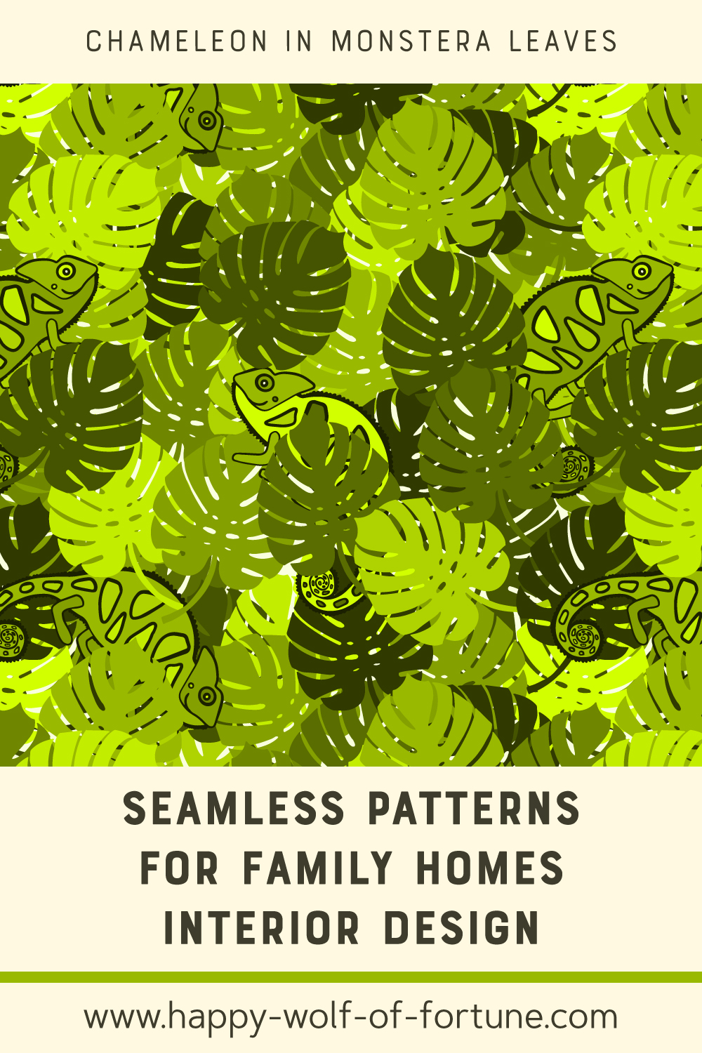 Seamless-patterns-for-family-homes-interior-design---pattern-swatch---Joyful-Jungle---Chameleons-in-monstera-leaves Swatch with seamless pattern for family homes interior design showing chameleons on monstera leaves in shades of green