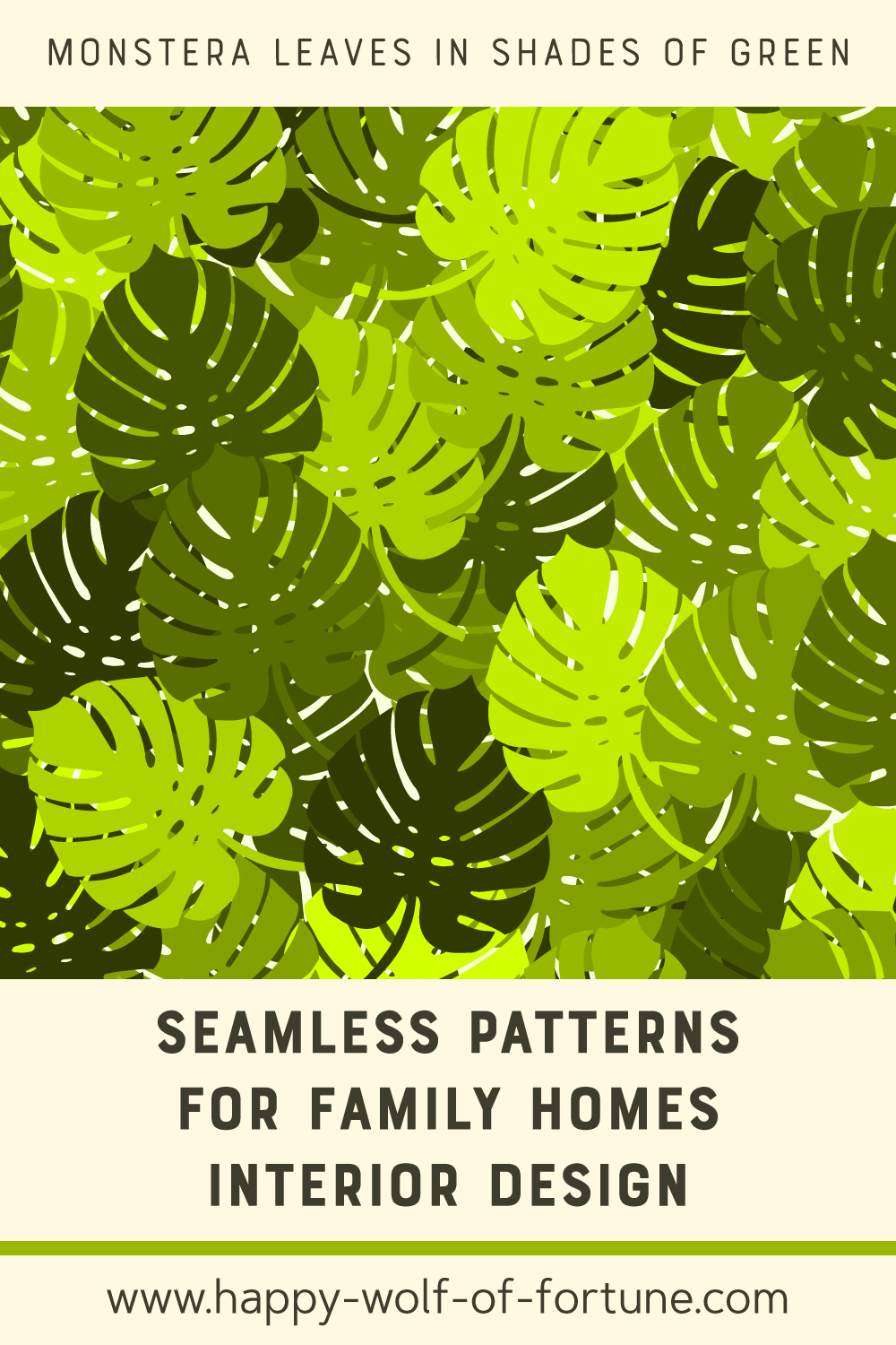 Seamless-patterns-for-family-homes-interior-design---pattern-swatch---Joyful-Jungle---Monstera-leaves-in-shades-of-green Swatch with seamless pattern for family homes interior design showing monstera foliage in shades of green