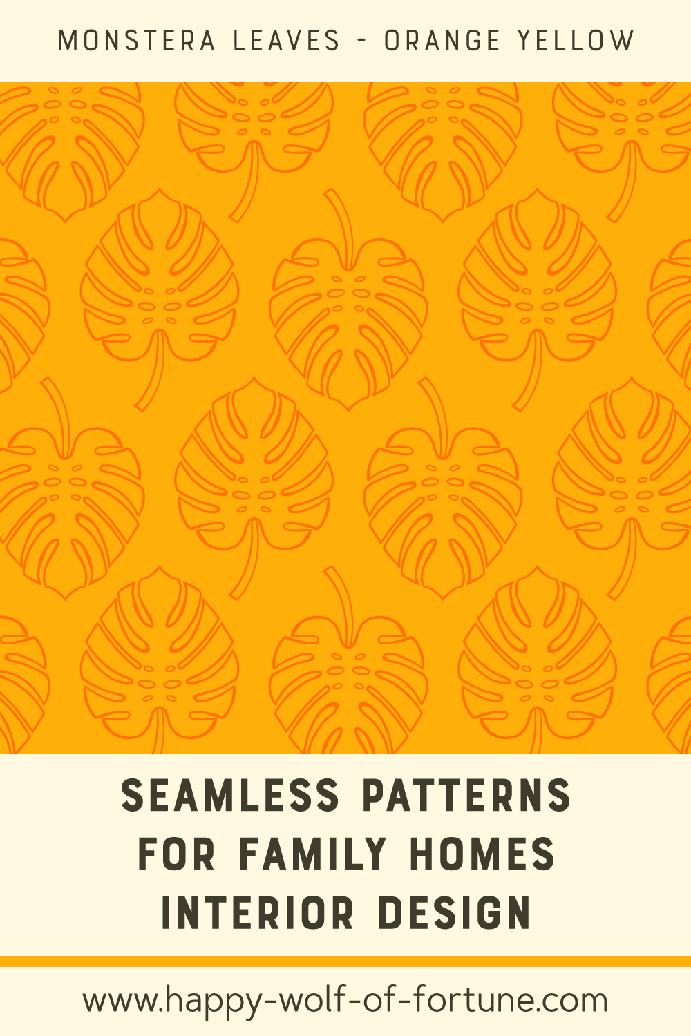 Seamless-patterns-for-family-homes-interior-design---pattern-swatch---Joyful-Jungle---Monstera-leaves---orange-yellow Swatch with seamless pattern for family homes interior design showing monstera leaf outlines in orange on warm yellow