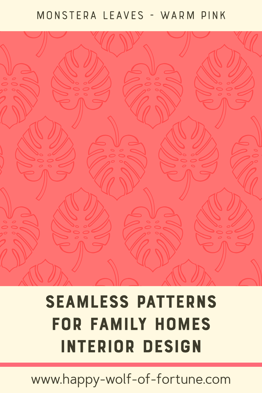 Seamless-patterns-for-family-homes-interior-design---pattern-swatch---Joyful-Jungle---Monstera-leaves---warm-pink Swatch with seamless pattern for family homes interior design showing monstera leaf outlines in pink on pink