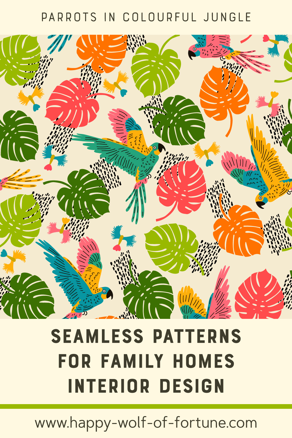 Seamless-patterns-for-family-homes-interior-design---pattern-swatch---Joyful-Jungle---parrots Swatch with seamless pattern for family homes interior design showing a joyful jungle pattern with flying parrots and colourful monstera foliage