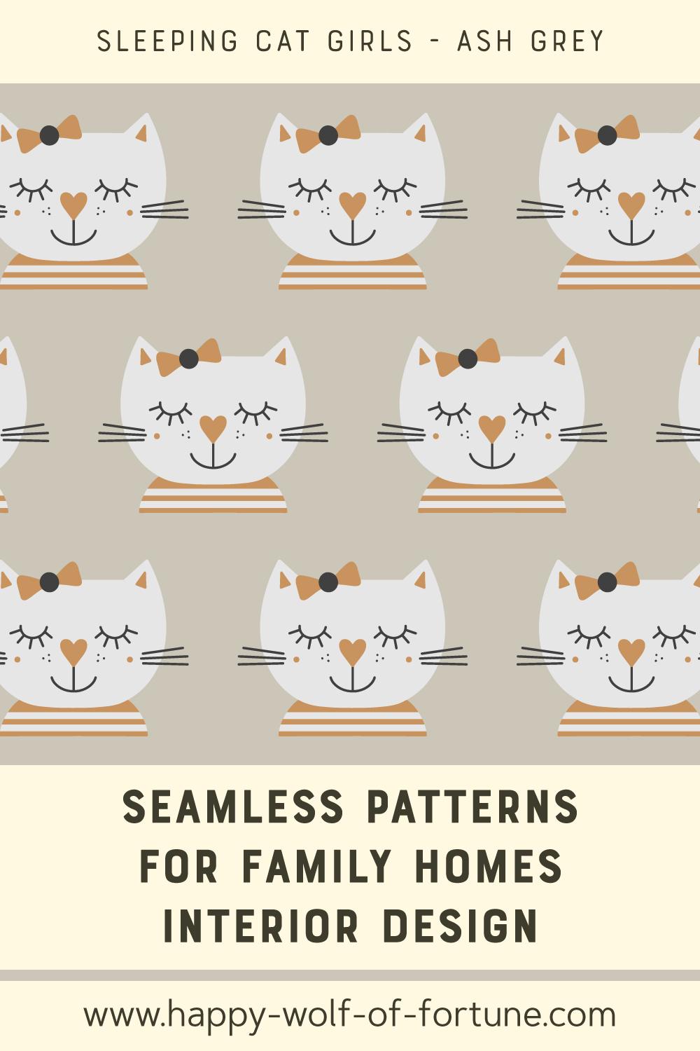 Swatch with seamless pattern for family homes interior design showing little stone beige grey hand drawn cute sleeping cat girls with hair ribbons and fudge brown beige striped t-shirts on brownish beige grey