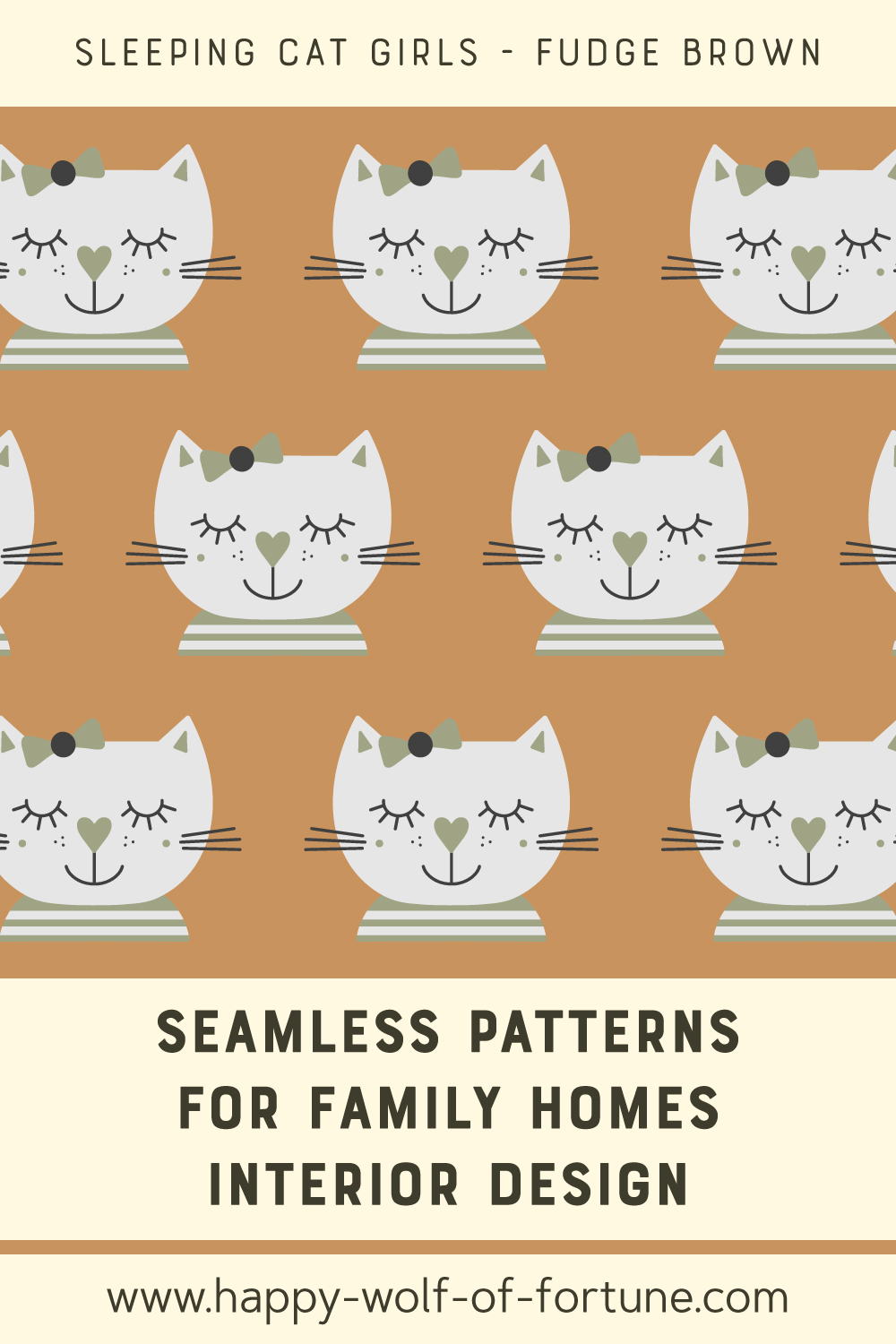 Swatch with seamless pattern for family homes interior design showing little stone beige grey hand drawn cute sleeping cat girls with hair ribbons and striped t-shirts on fudge brown