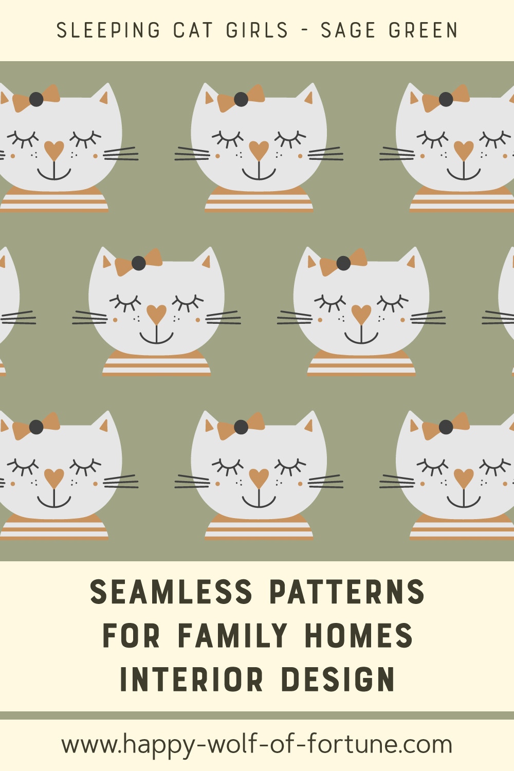 Swatch with seamless pattern for family homes interior design showing little stone beige grey hand drawn cute sleeping cat girls with hair ribbons and striped t-shirts on sage green
