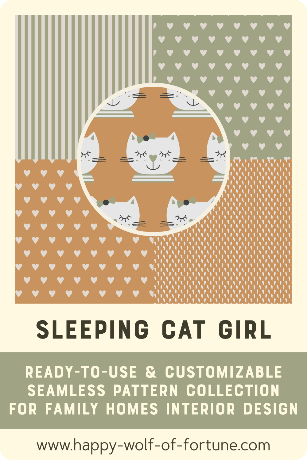 Preview of a ready-to-use and customizable pattern collection for family homes interior design : Sleeping Cats - Subtle Boho