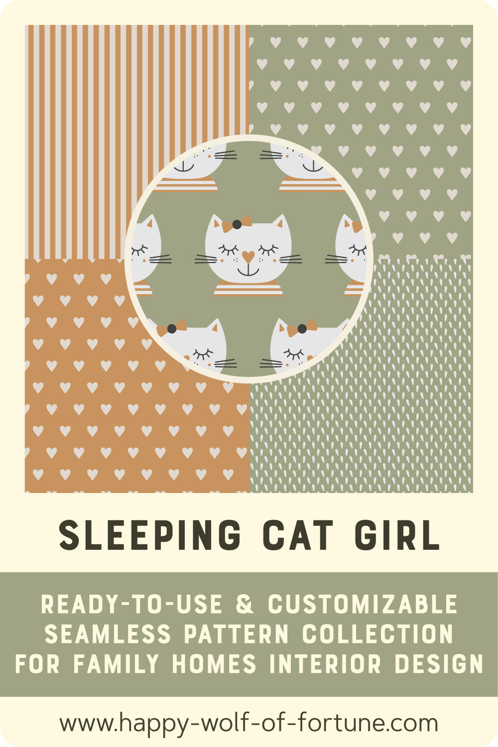 Preview of a ready-to-use and customizable pattern collection for family homes interior design : Sleeping Cats - Subtle Boho