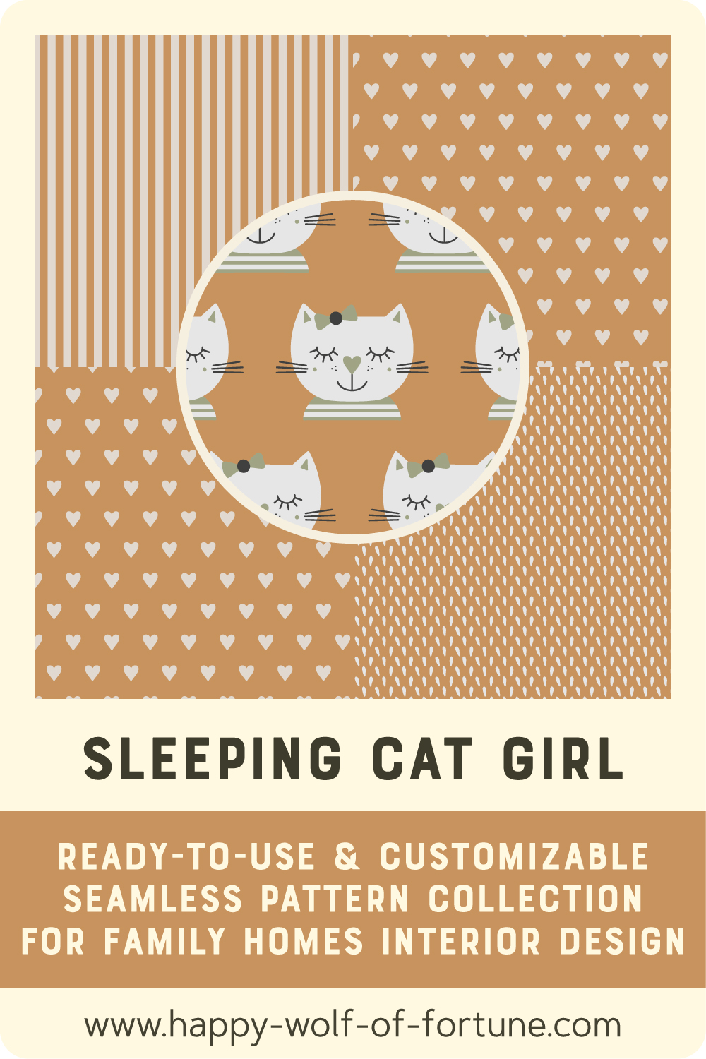 Preview of a ready-to-use and customizable pattern collection for family homes interior design : Sleeping Cats - Subtle Boho