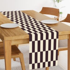Table runner with alternating stripes in dark plum noir purple and merino beige white