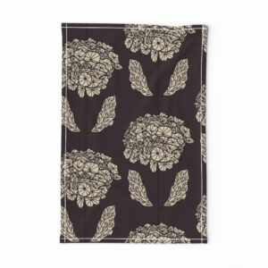 Tea towel in dark plum noir aubgergine purple with hand drawn hydrangea flowers