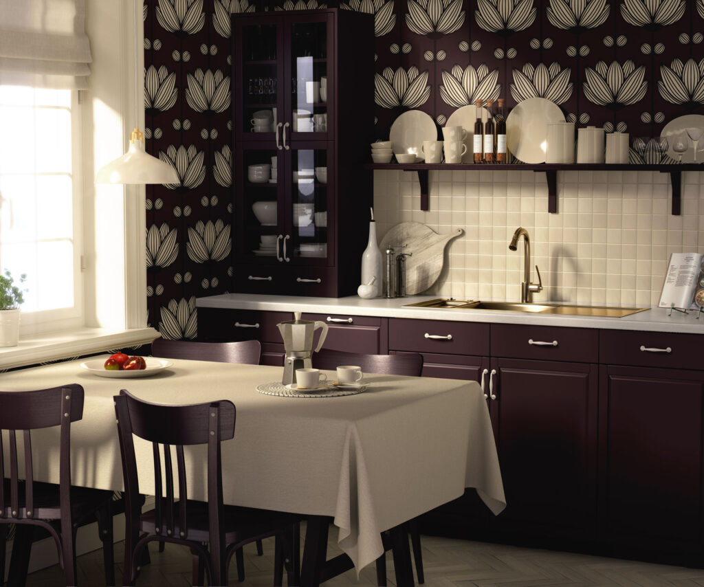Plum noir traditional non-pasted wallpaper with cream tulip flowers on the walls of a modern farmhouse kitchen, featuring dark plum cabinets, open shelving with white dishes, a white tile backsplash, brass faucet, and a dining table with neutral tablecloth and matching plum chairs.