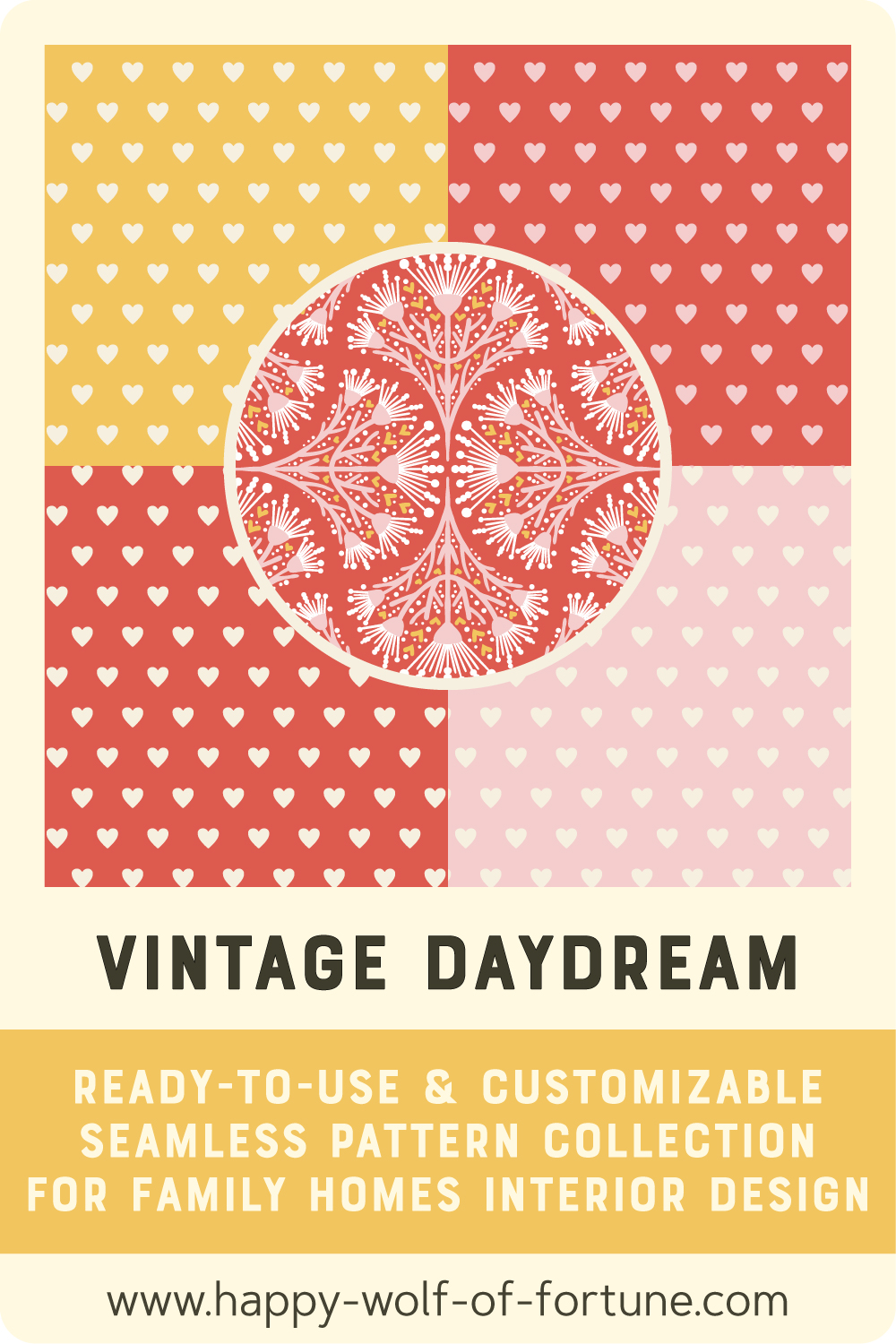 Preview of a ready-to-use and customizable pattern collection for family homes interior design : Vintage Daydream Collection with hearts