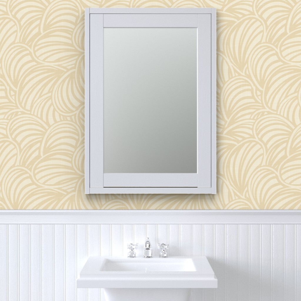 White mirror in a bathroom with a wallpaper with abstract fluent flax beige shell lines on linen textured merino beige