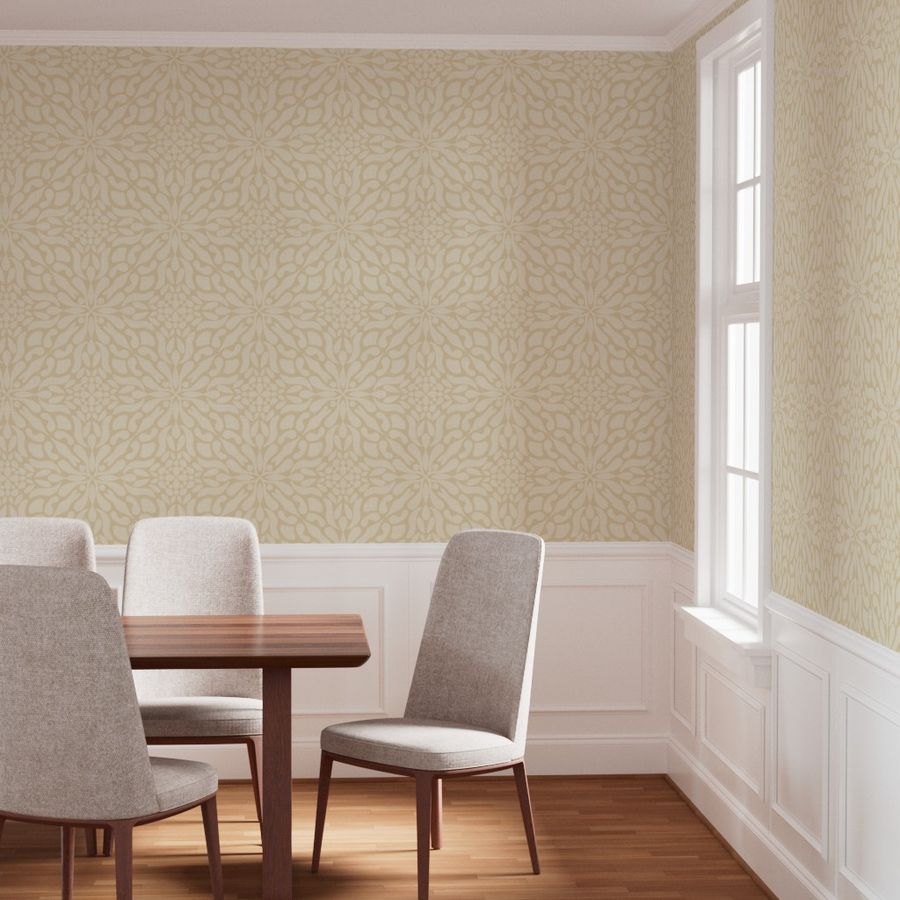 Living room with a wallpaper with merino beige abundant mandala on linen textured flax beige