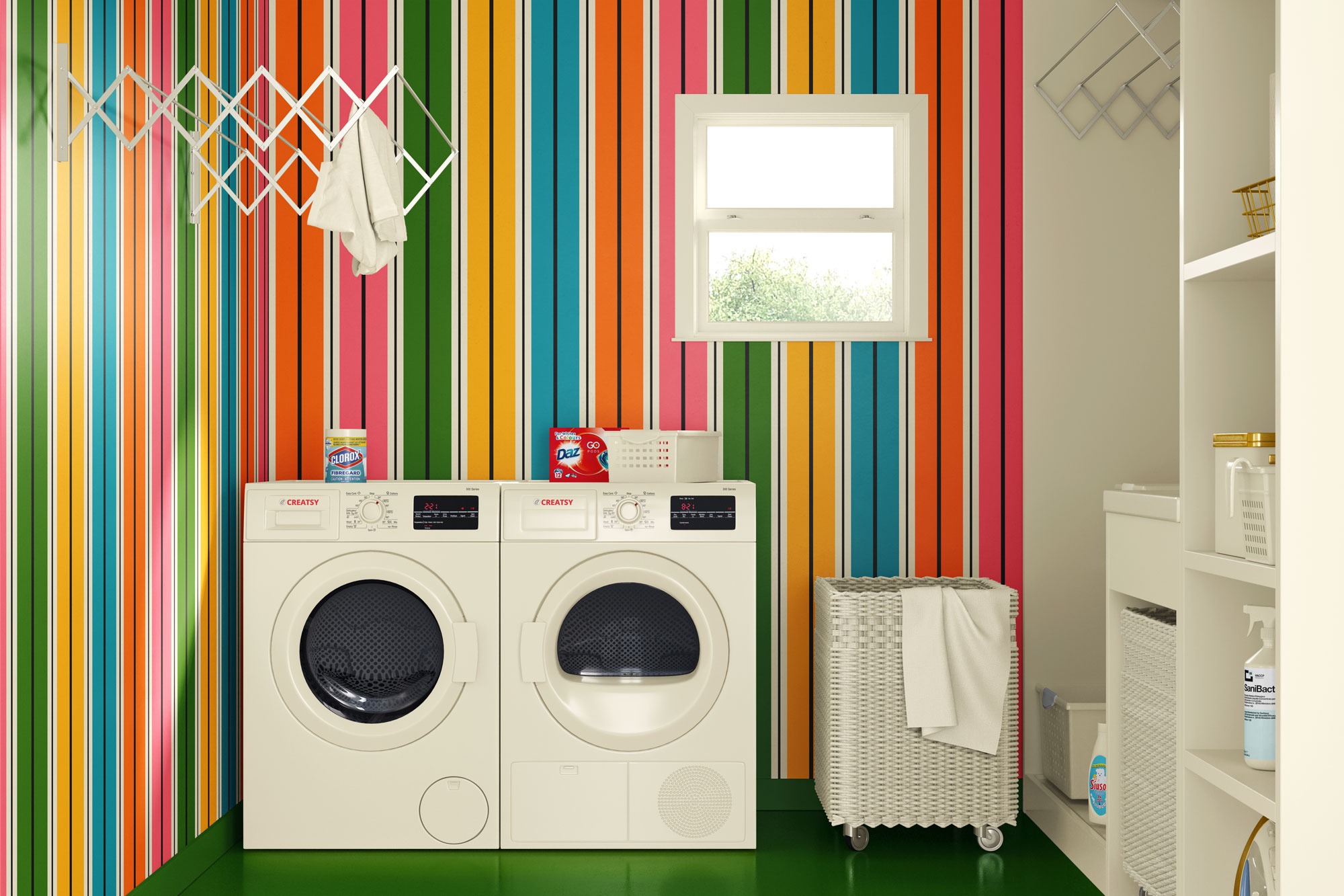 Wallpaper-for-walls---laundry-room---joyful-jungle---vertical-stripes-green-blue-orange-pink-yellow-grey-beige--green-floor Laundry room wallpaper with bold vertical stripes in green, blue, orange, pink, yellow, grey, and beige. The room features a green floor, white washer and dryer, white woven laundry basket, and shelving with cleaning supplies.